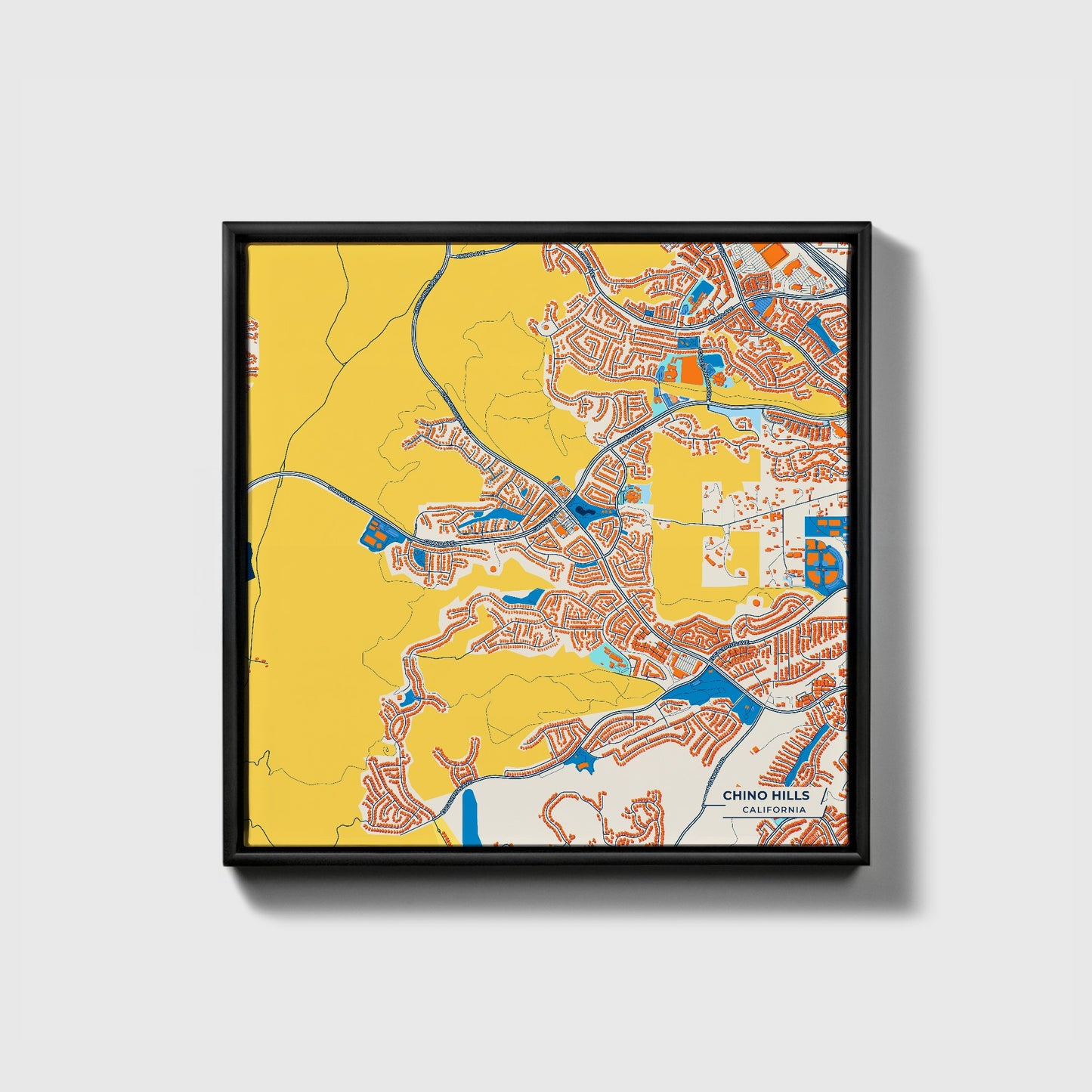 Chino Hills California Colorful City Map Canvas Print • Black Framed