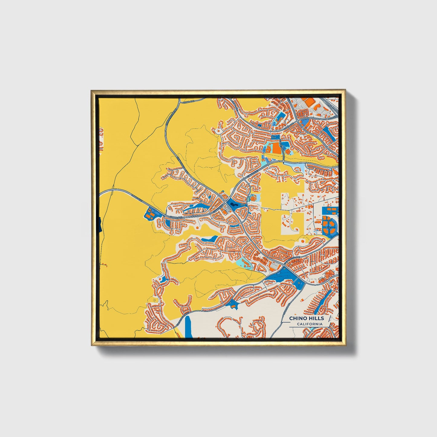 Chino Hills California Colorful City Map Canvas Print • Gold Framed