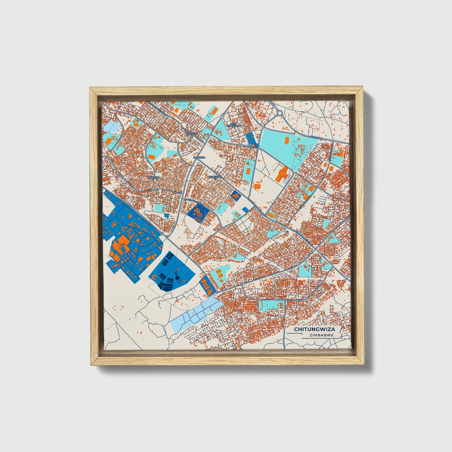 Chitungwiza Zimbabwe Colorful City Map Canvas Print • Natural Wooden Framed