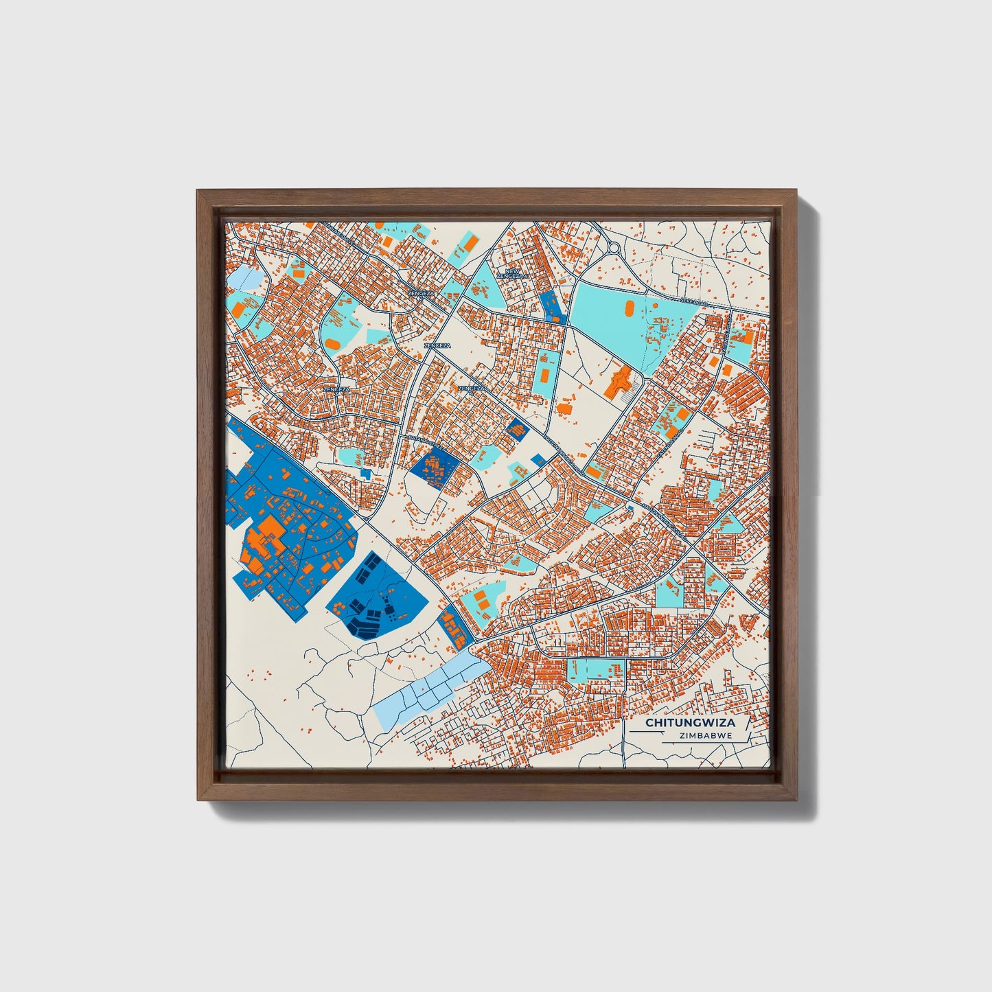 Chitungwiza Zimbabwe Colorful City Map Canvas Print • Dark Wooden Framed