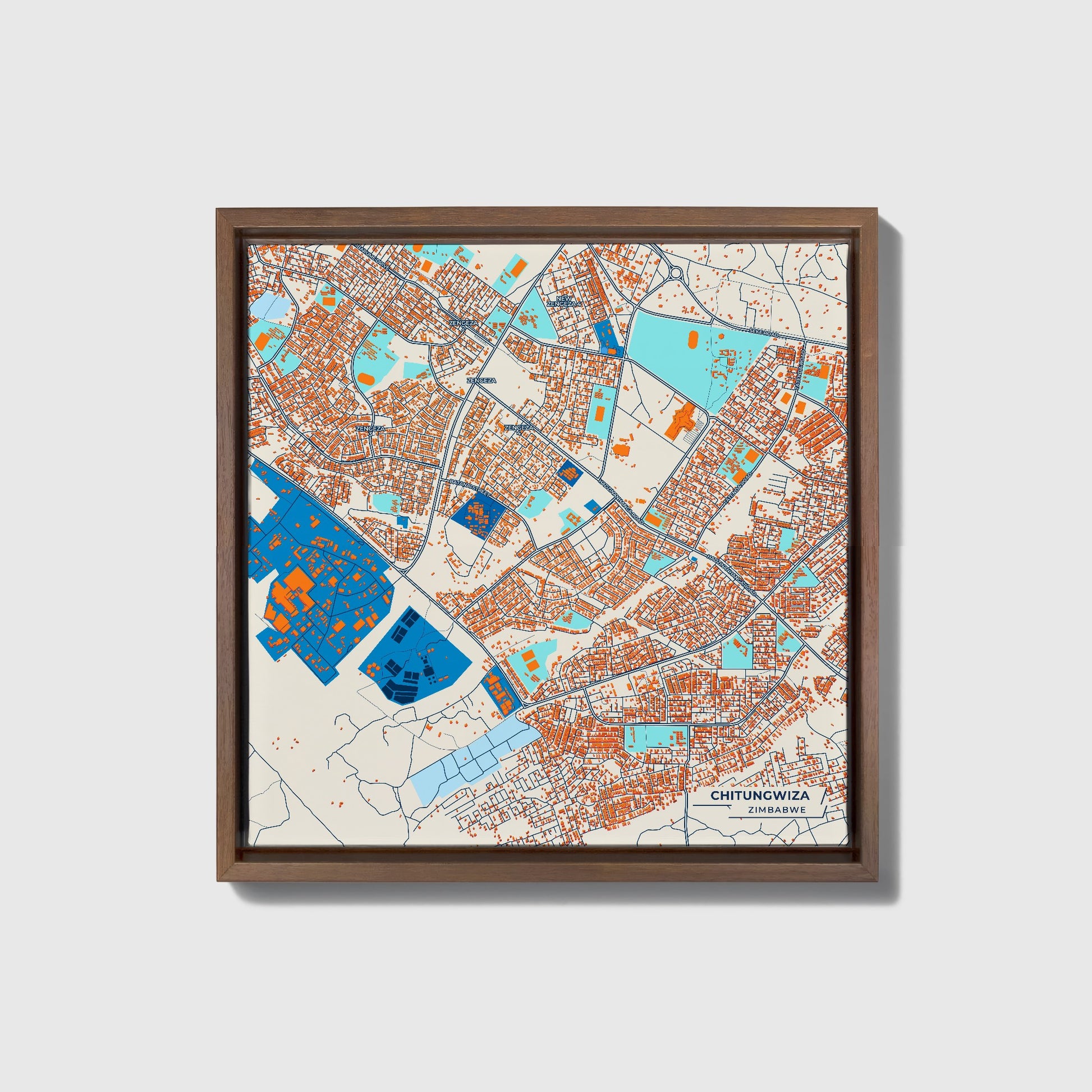 Chitungwiza Zimbabwe Colorful City Map Canvas Print • Dark Wooden Framed