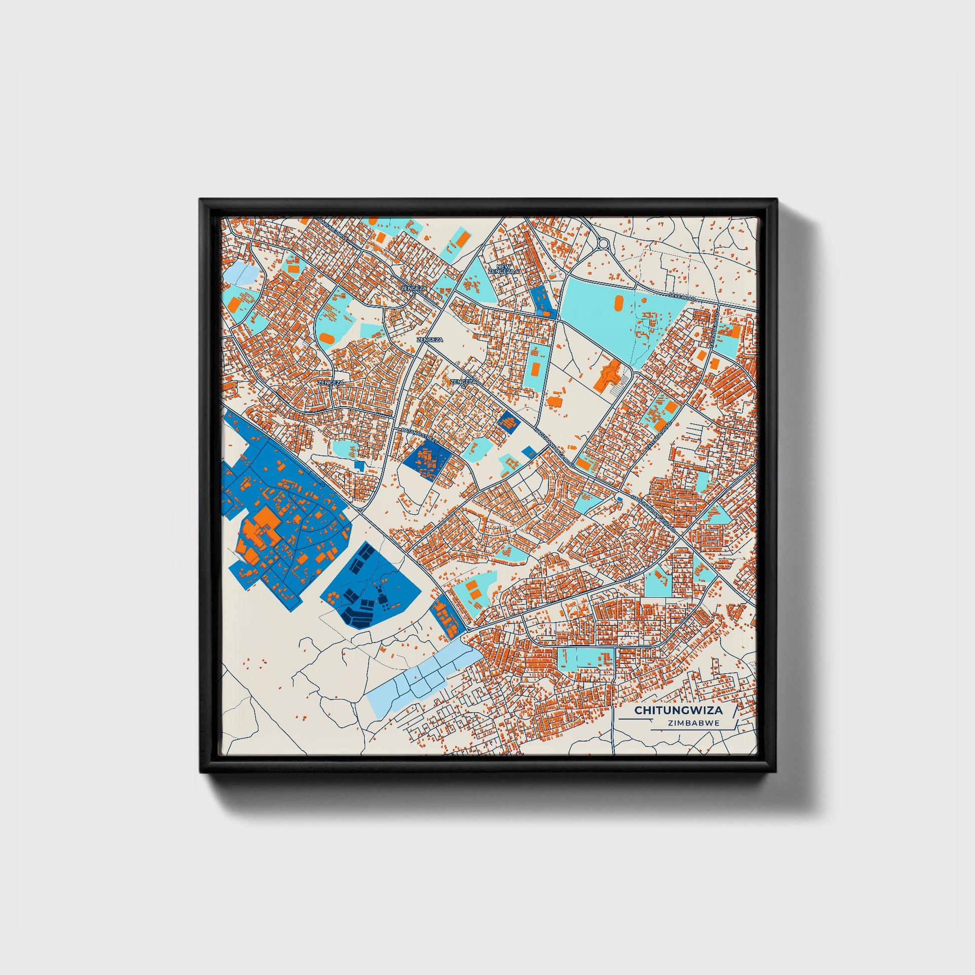 Chitungwiza Zimbabwe Colorful City Map Canvas Print • Black Framed