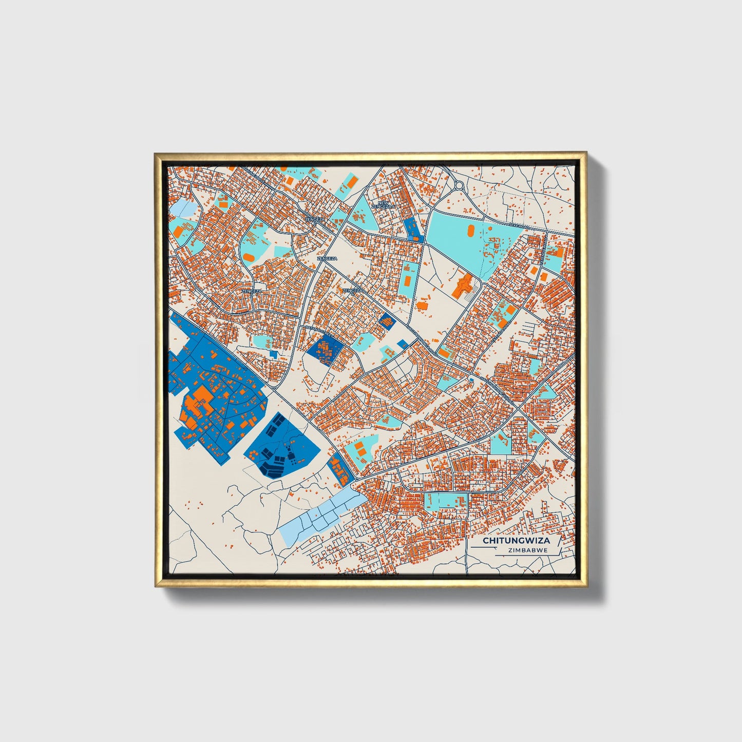 Chitungwiza Zimbabwe Colorful City Map Canvas Print • Gold Framed