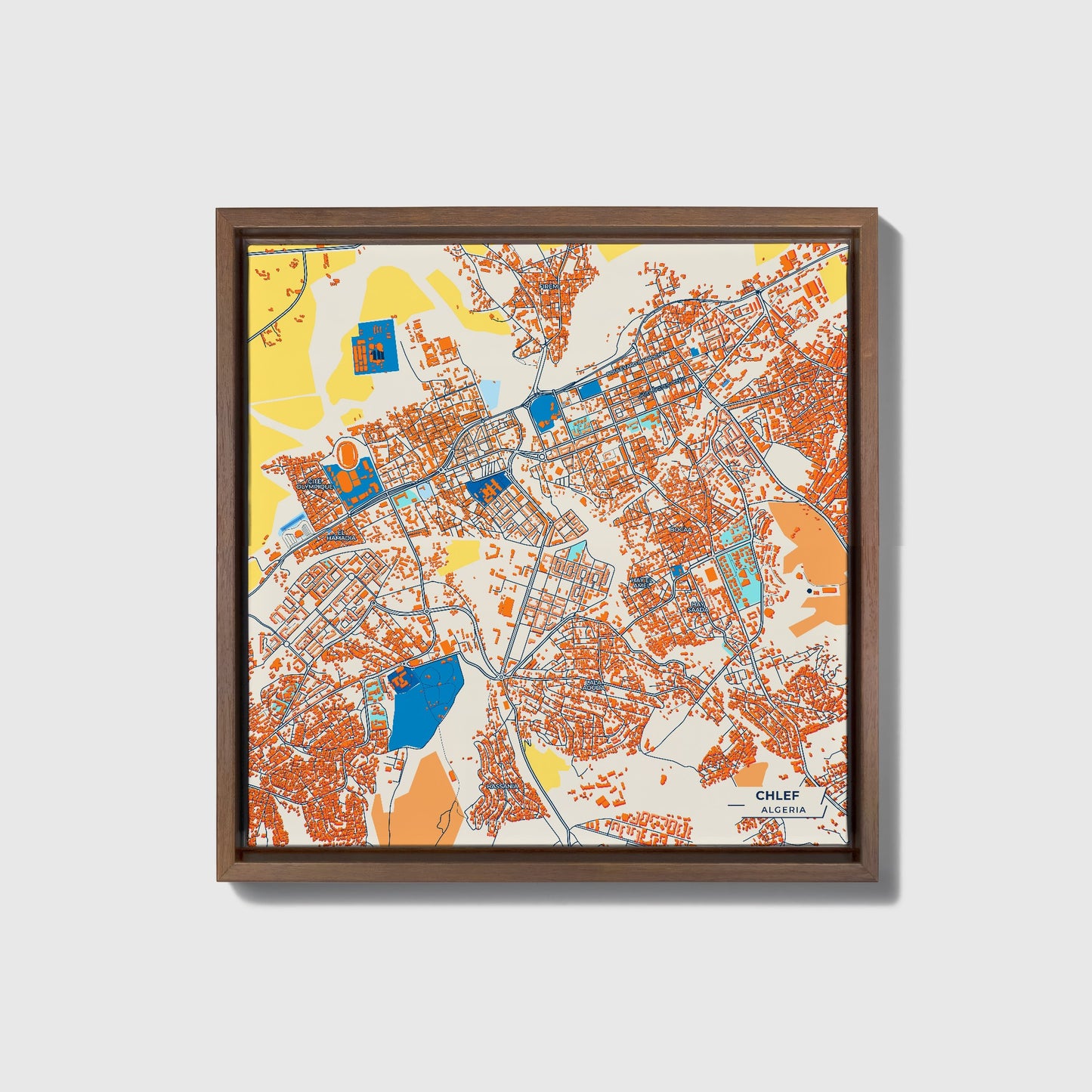Chlef Algeria Colorful City Map Canvas Print • Dark Wooden Framed