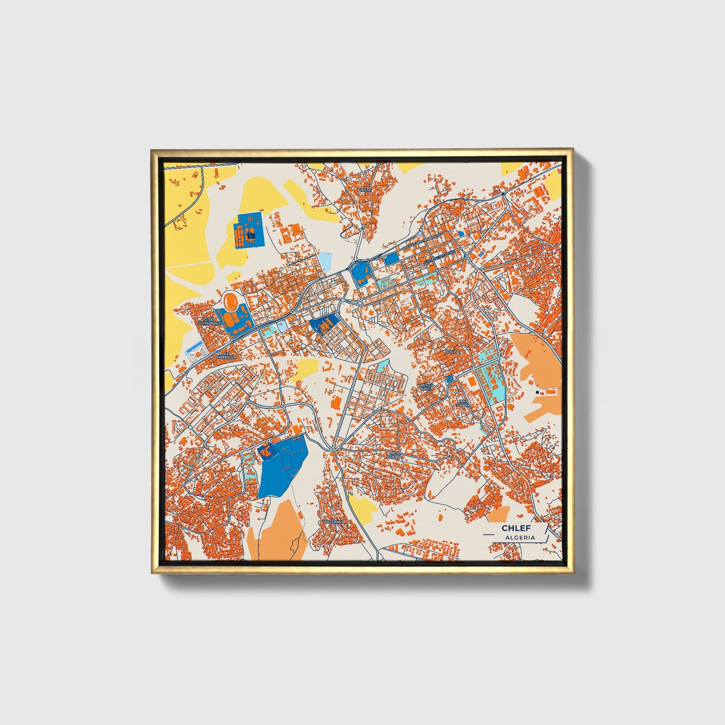 Chlef Algeria Colorful City Map Canvas Print • Gold Framed