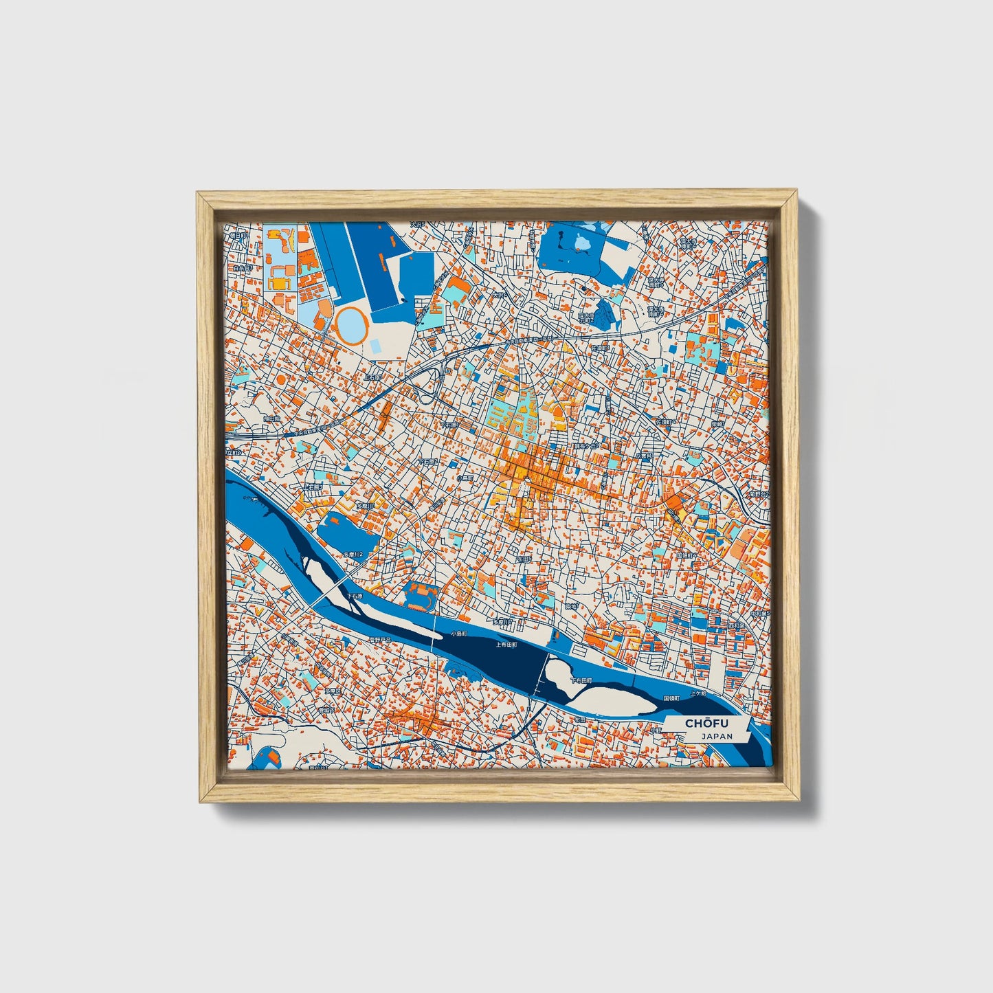 Chōfu Japan Colorful City Map Canvas Print • Natural Wooden Framed