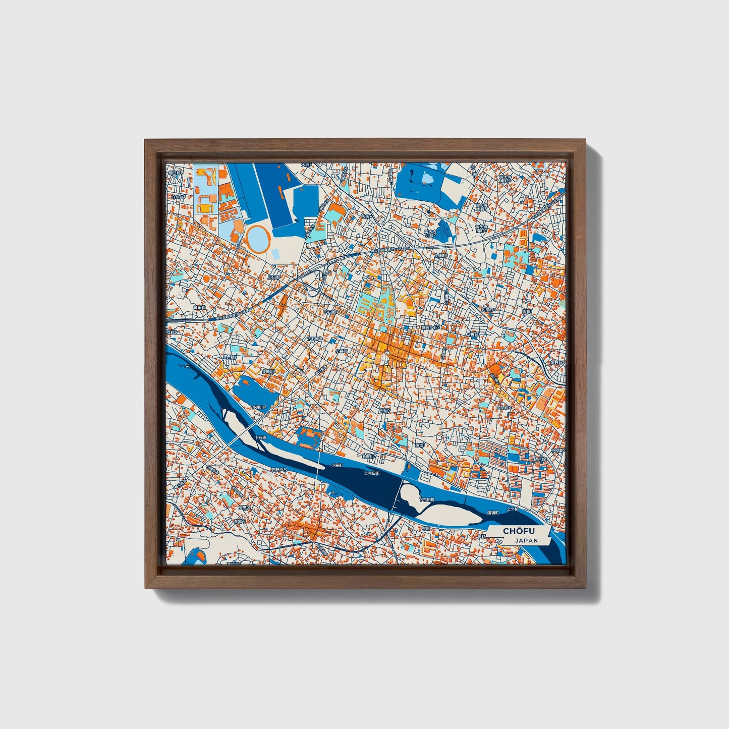 Chōfu Japan Colorful City Map Canvas Print • Dark Wooden Framed