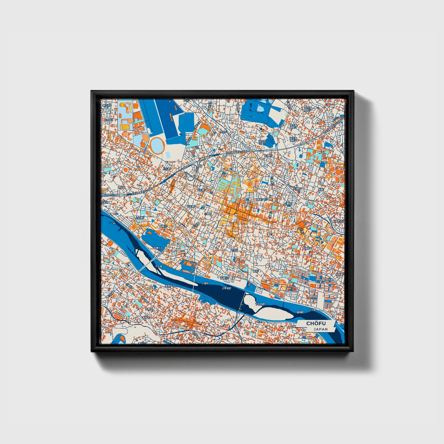 Chōfu Japan Colorful City Map Canvas Print • Black Framed