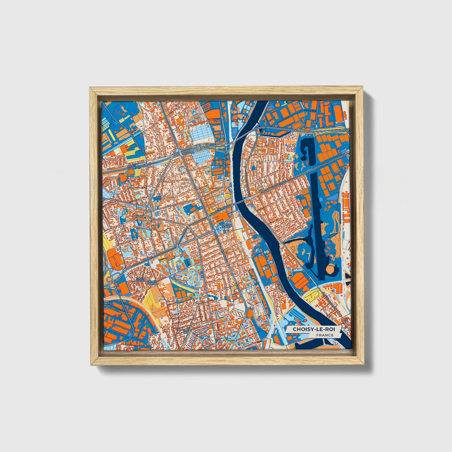 Choisy-Le-Roi France Colorful City Map Canvas Print • Natural Wooden Framed