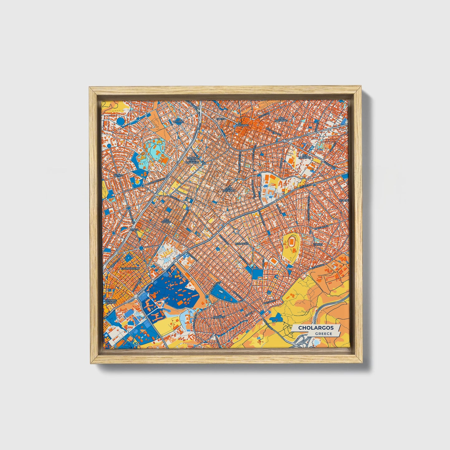 Χολαργος Greece Colorful City Map Canvas Print • Natural Wooden Framed