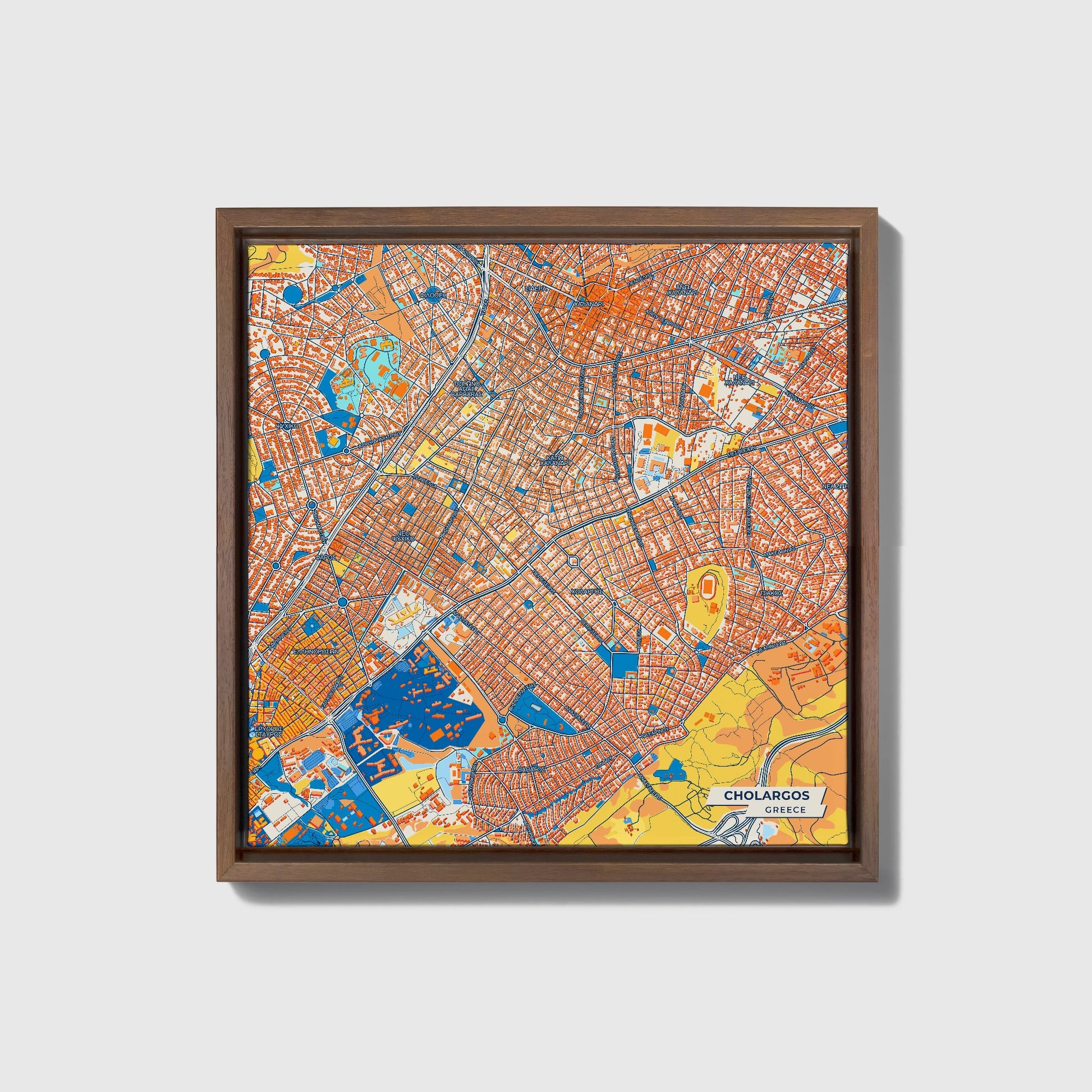 Χολαργος Greece Colorful City Map Canvas Print • Dark Wooden Framed