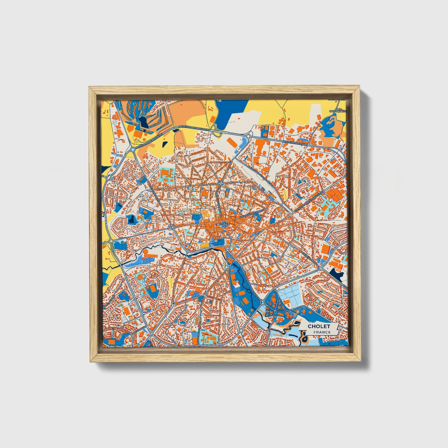 Cholet France Colorful City Map Canvas Print • Natural Wooden Framed