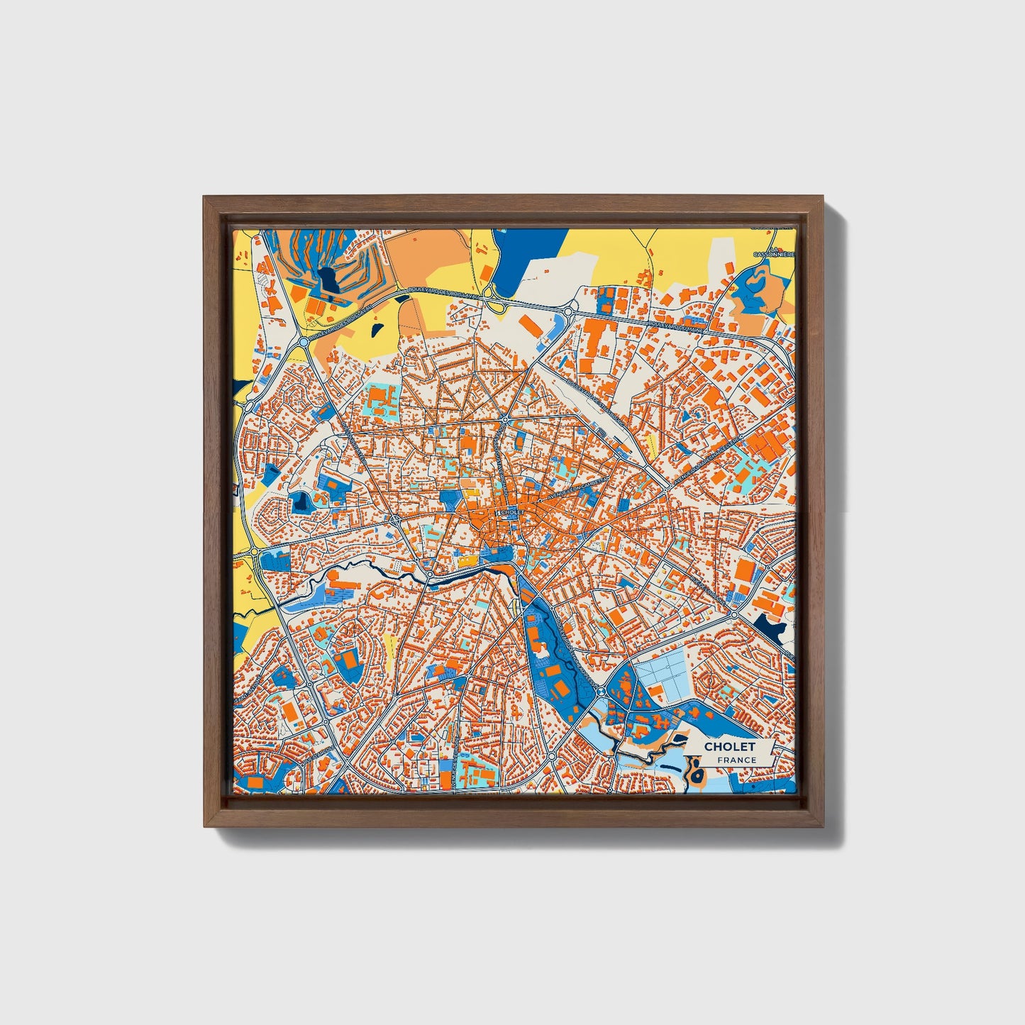 Cholet France Colorful City Map Canvas Print • Dark Wooden Framed