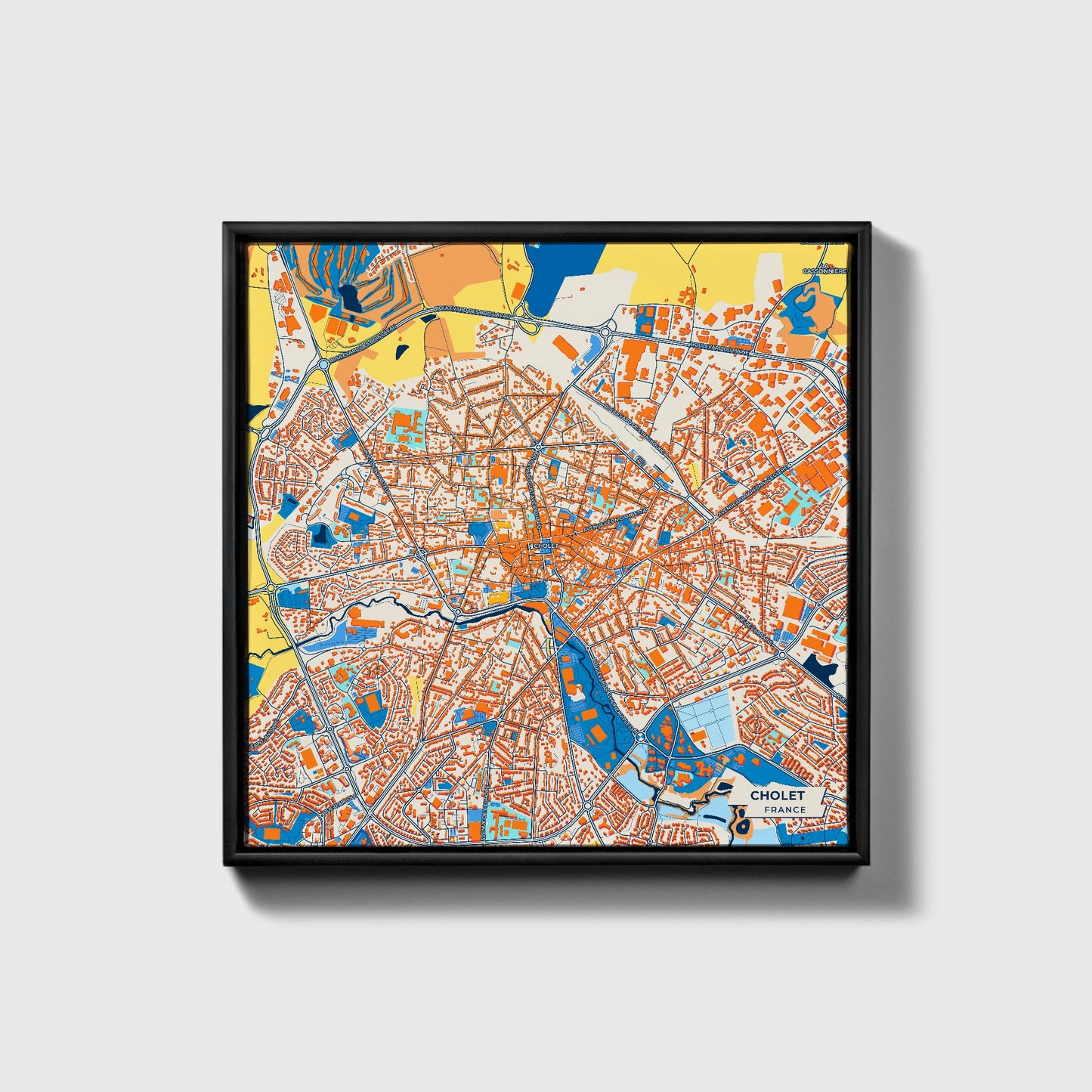Cholet France Colorful City Map Canvas Print • Black Framed