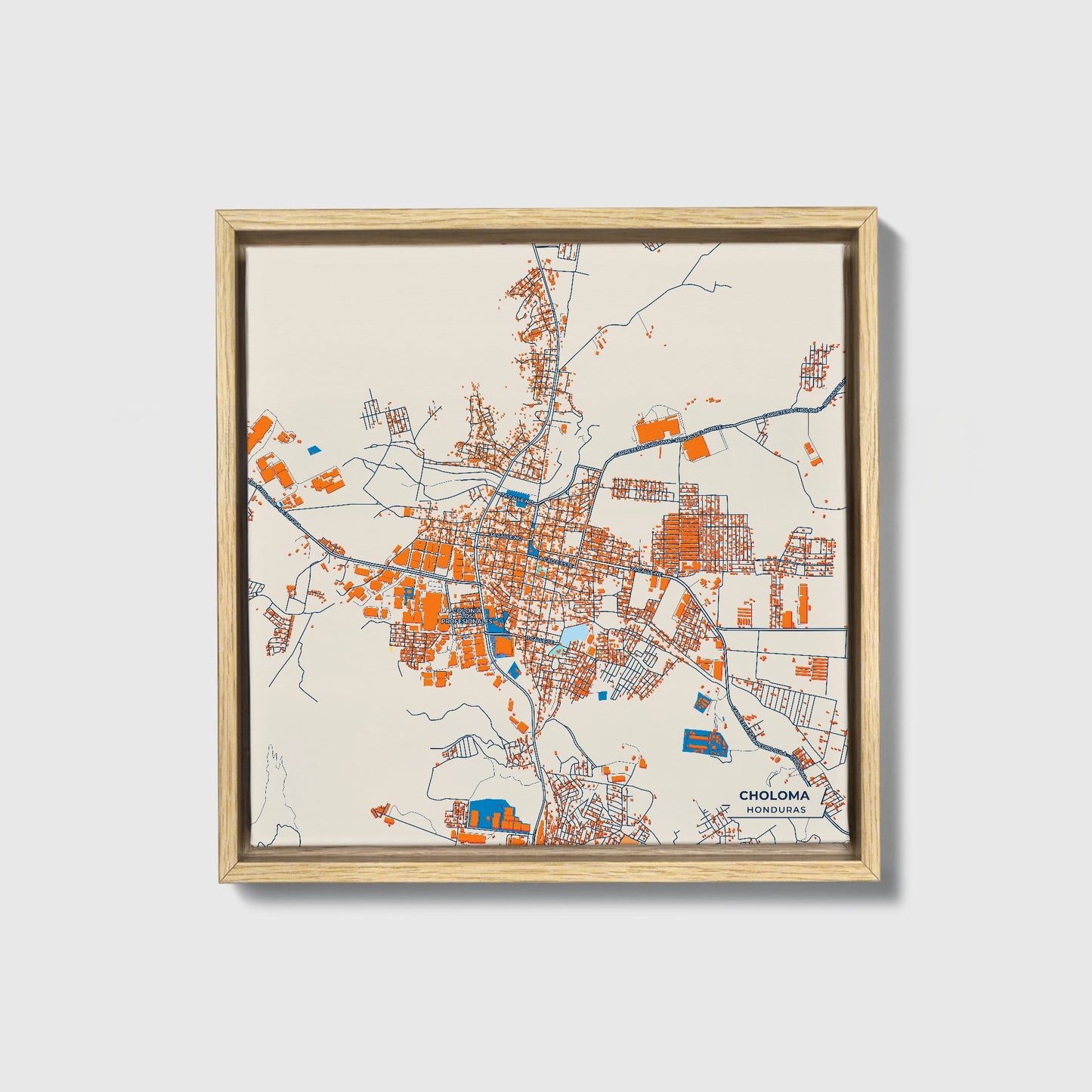 Choloma Honduras Colorful City Map Canvas Print • Natural Wooden Framed