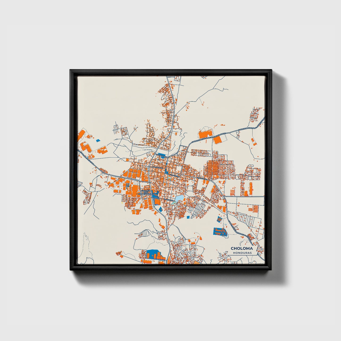 Choloma Honduras Colorful City Map Canvas Print • Black Framed