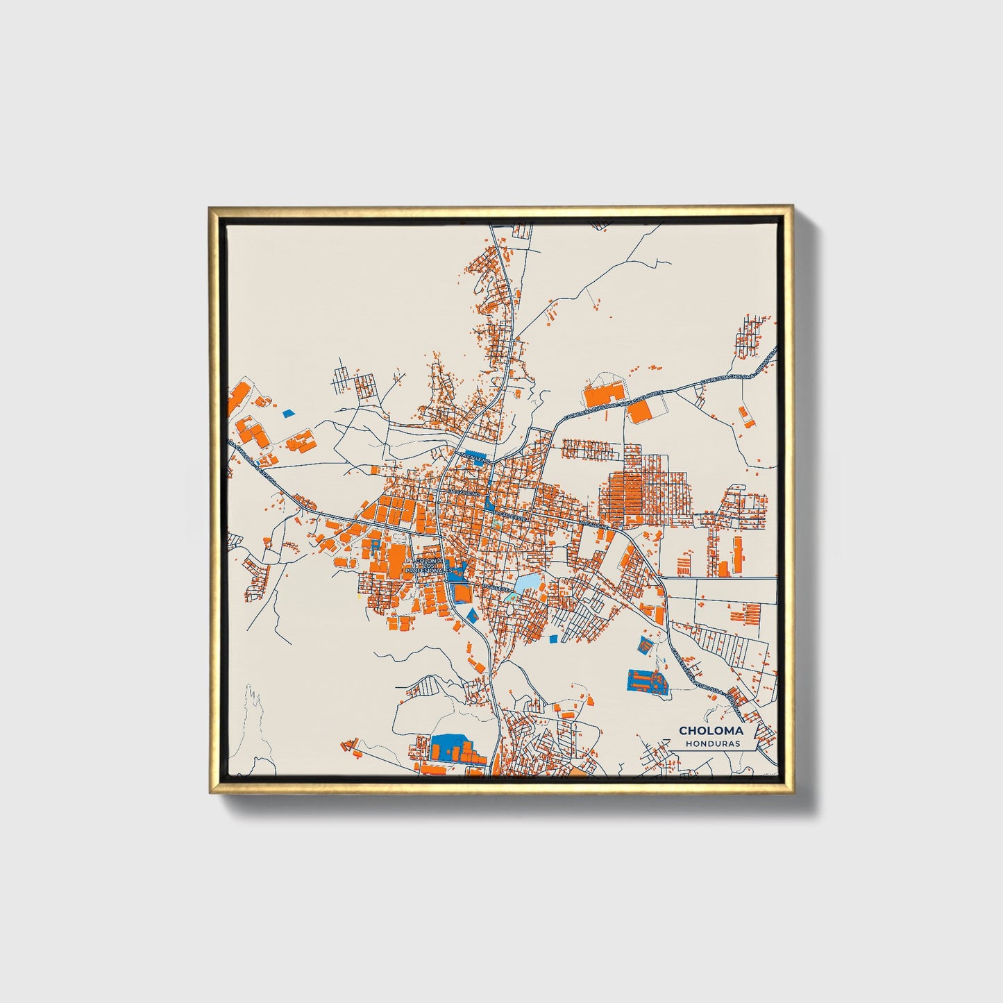 Choloma Honduras Colorful City Map Canvas Print • Gold Framed