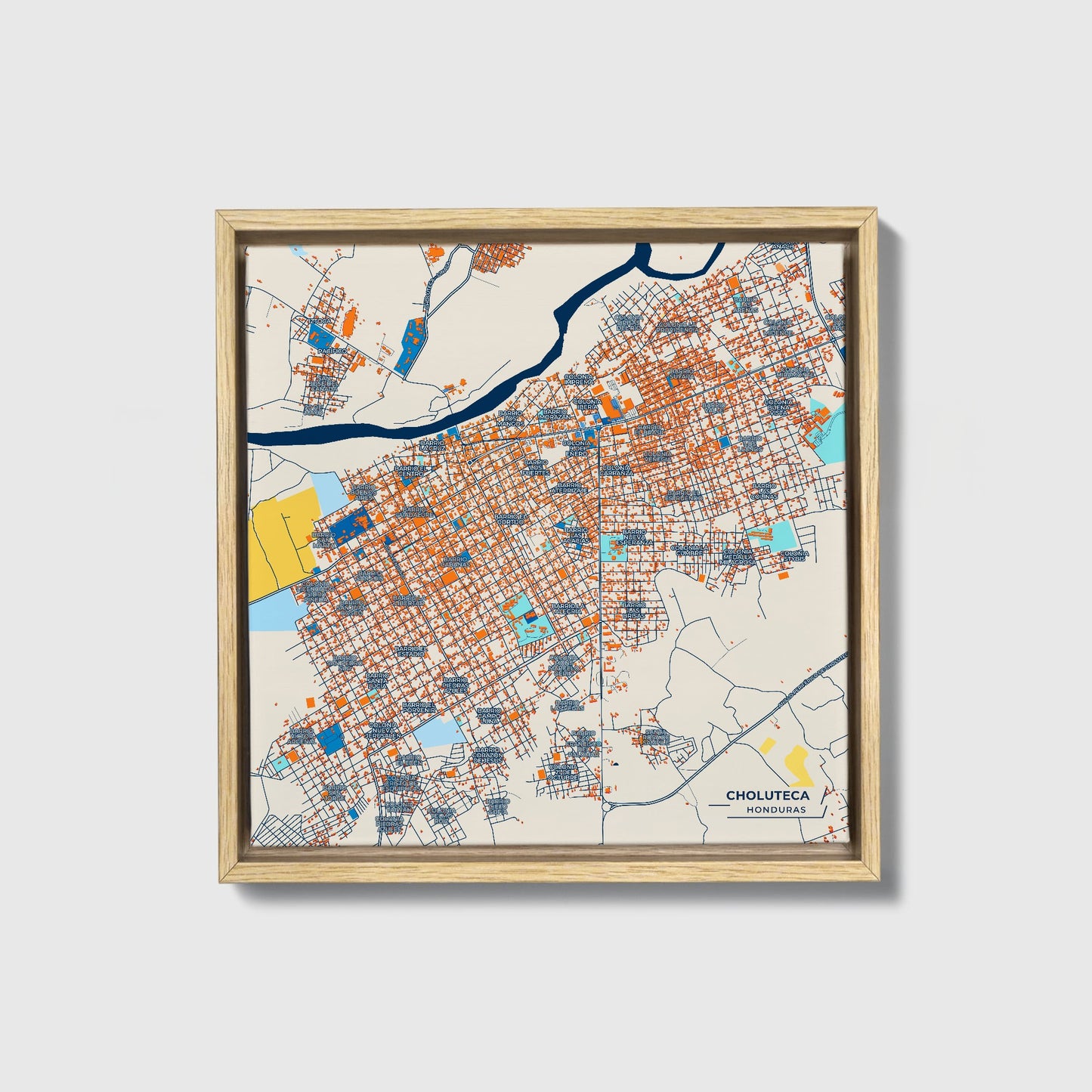 Choluteca Honduras Colorful City Map Canvas Print • Natural Wooden Framed