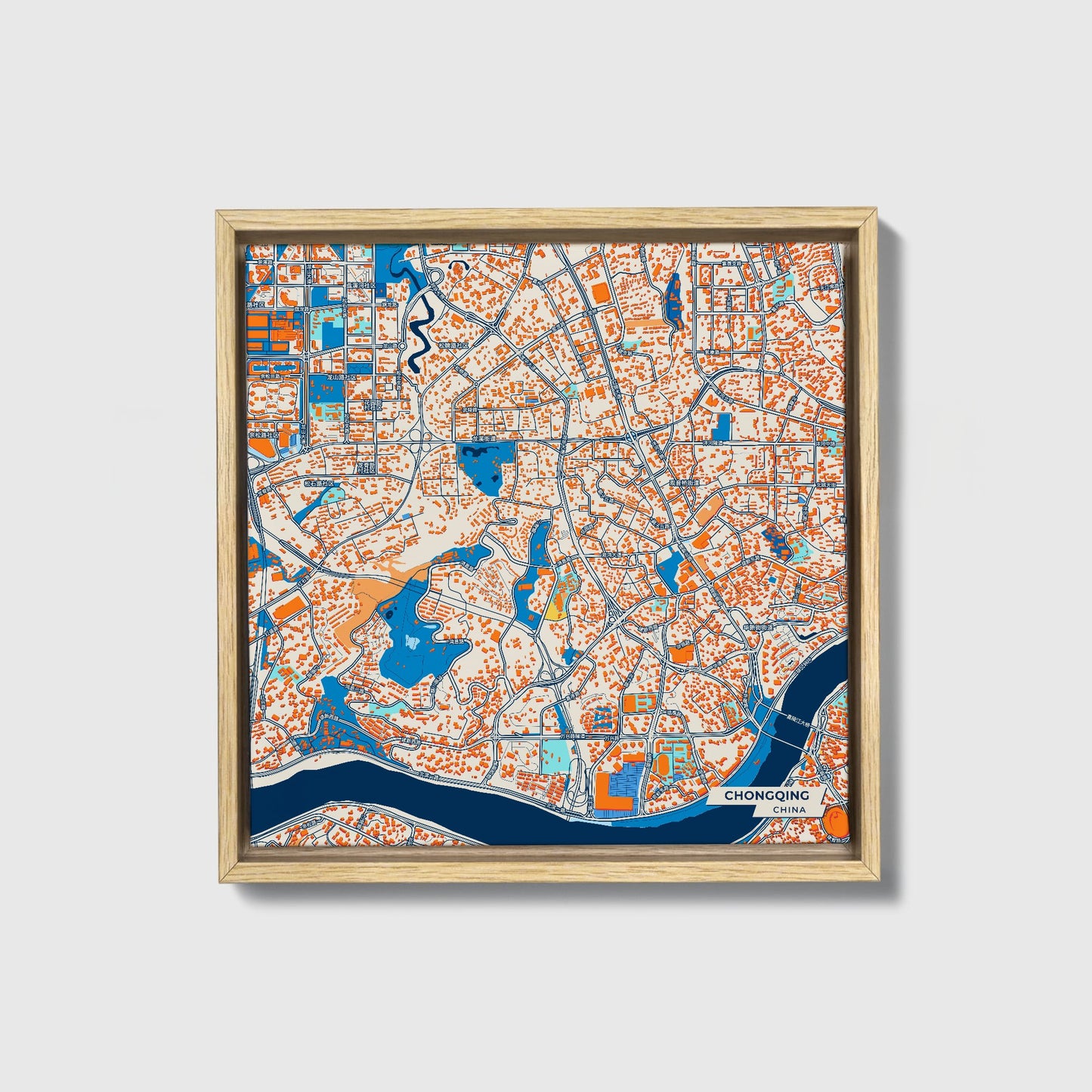 Chongqing China Colorful City Map Canvas Print • Natural Wooden Framed