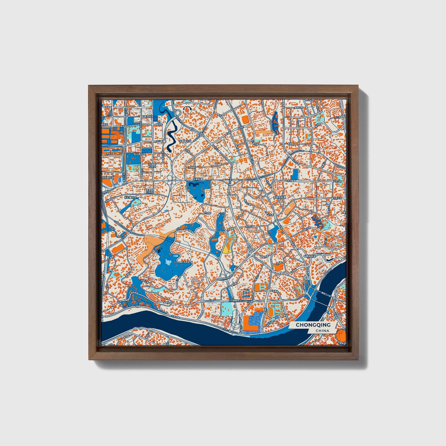 Chongqing China Colorful City Map Canvas Print • Dark Wooden Framed