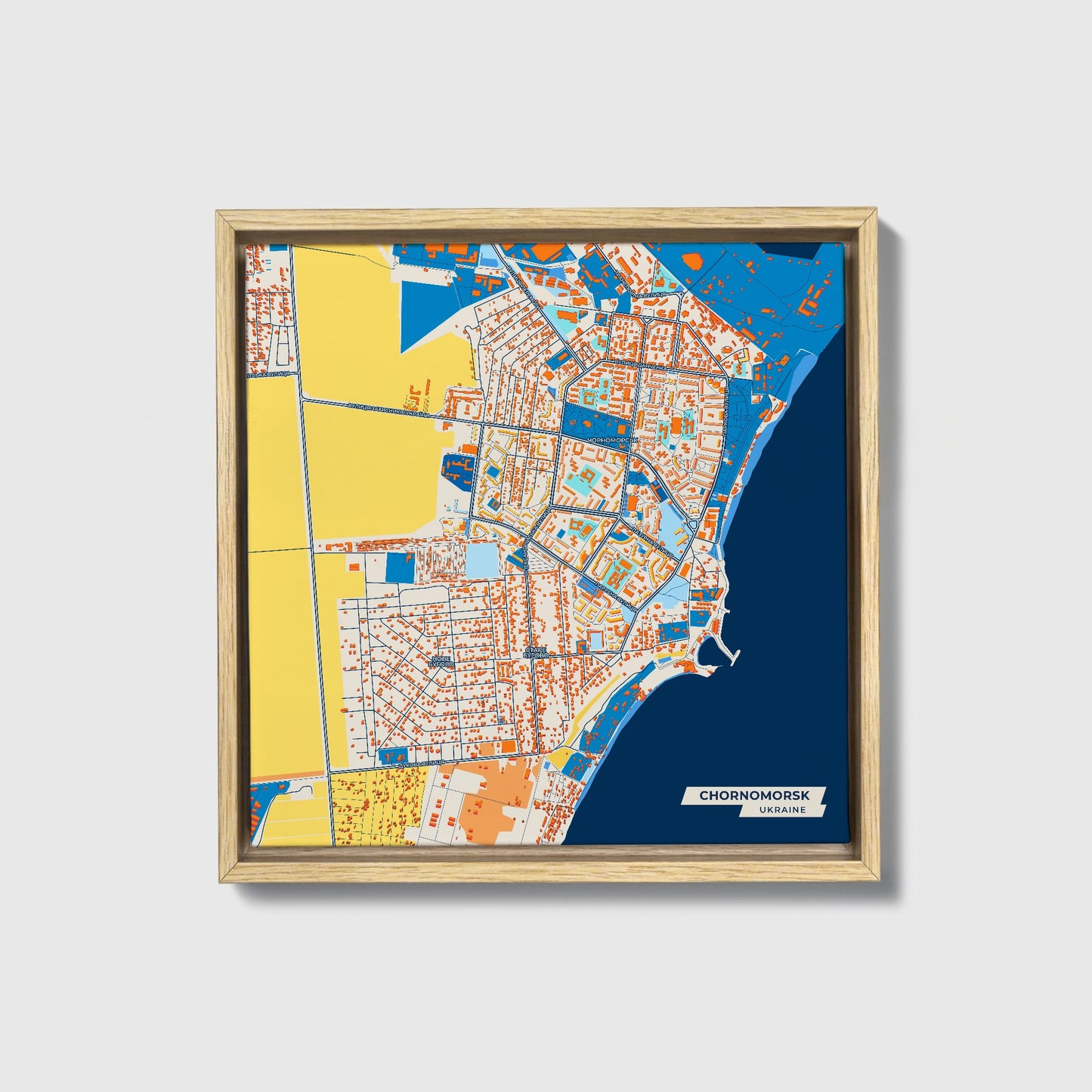 Чорноморський Ukraine Colorful City Map Canvas Print • Natural Wooden Framed