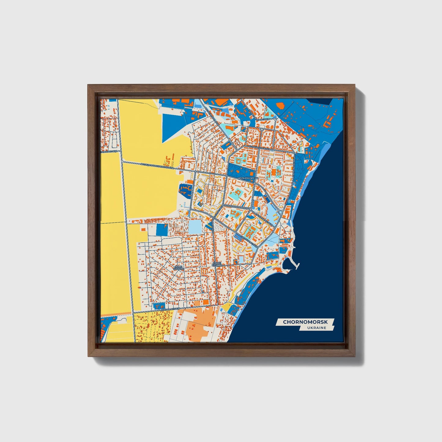 Чорноморський Ukraine Colorful City Map Canvas Print • Dark Wooden Framed