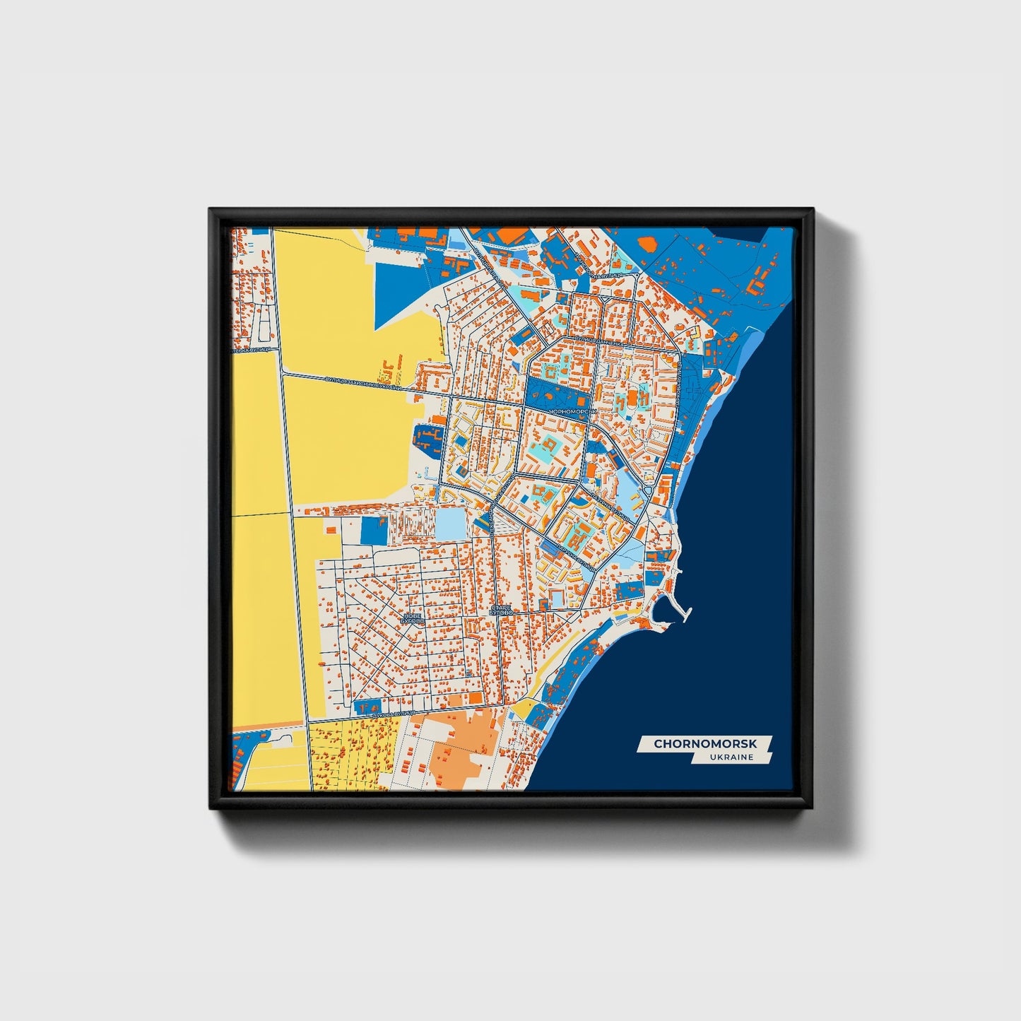 Чорноморський Ukraine Colorful City Map Canvas Print • Black Framed