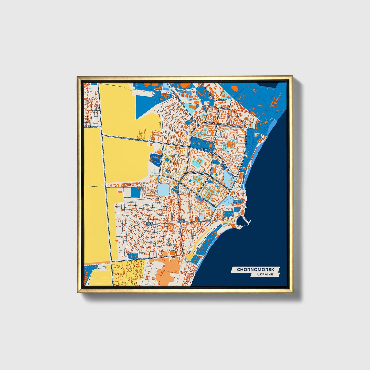 Чорноморський Ukraine Colorful City Map Canvas Print • Gold Framed