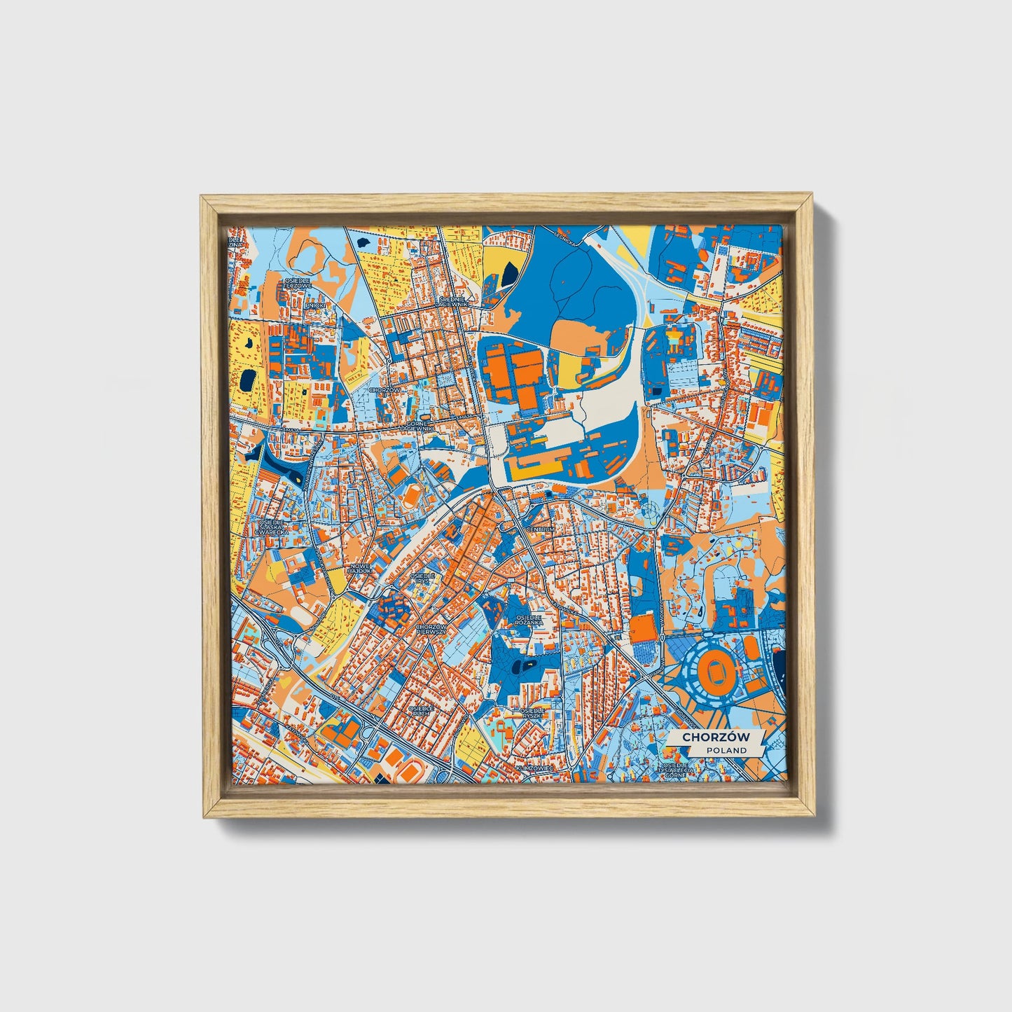 Chorzów Poland Colorful City Map Canvas Print • Natural Wooden Framed