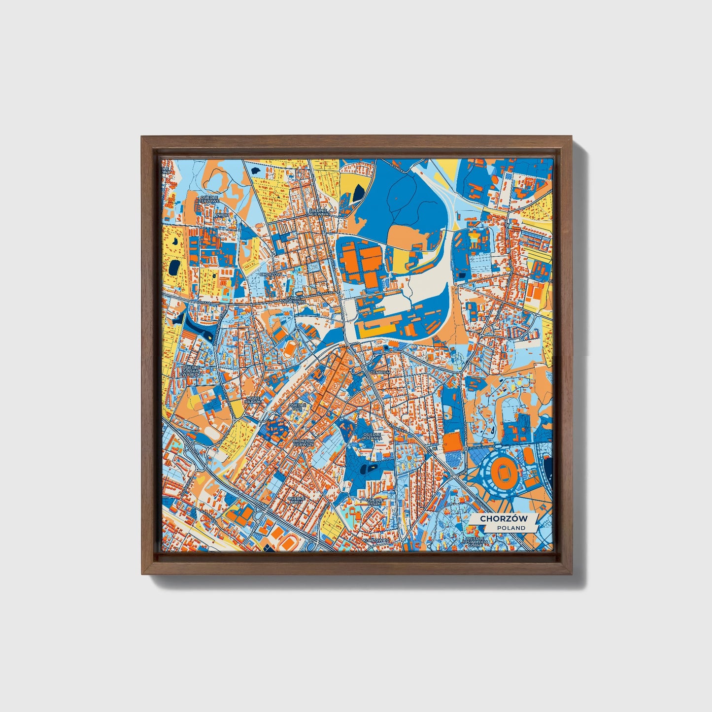 Chorzów Poland Colorful City Map Canvas Print • Dark Wooden Framed