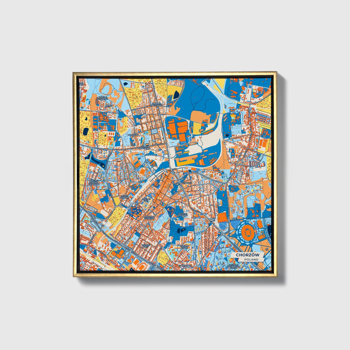 Chorzów Poland Colorful City Map Canvas Print • Gold Framed