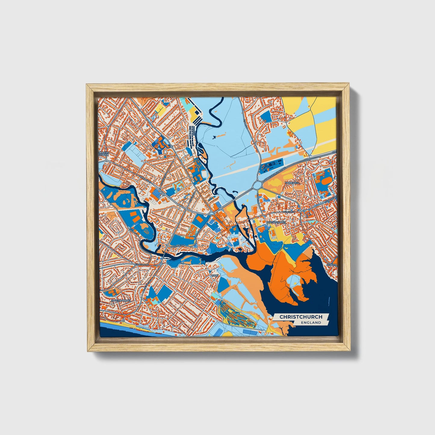 Christchurch England Colorful City Map Canvas Print • Natural Wooden Framed