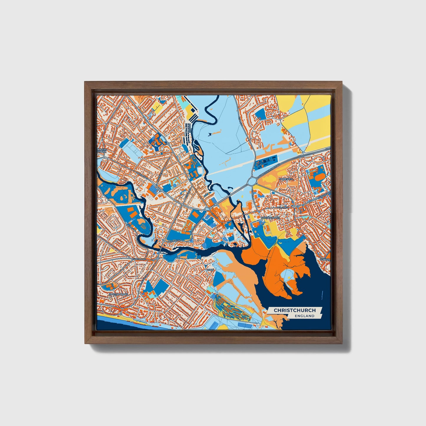 Christchurch England Colorful City Map Canvas Print • Dark Wooden Framed