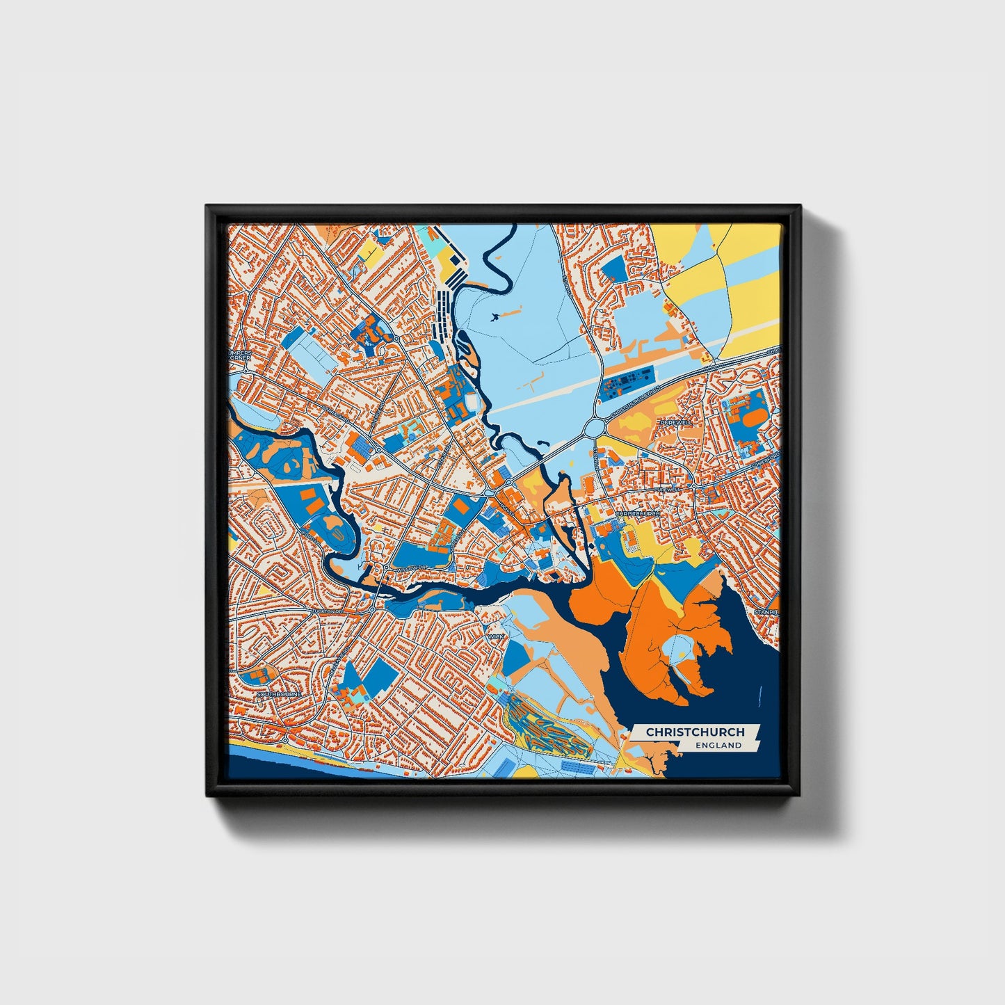 Christchurch England Colorful City Map Canvas Print • Black Framed
