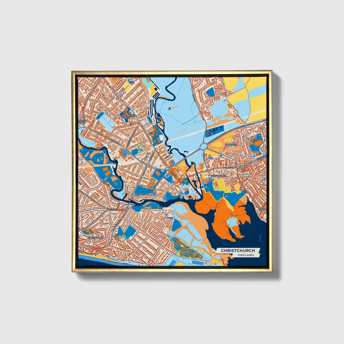 Christchurch England Colorful City Map Canvas Print • Gold Framed