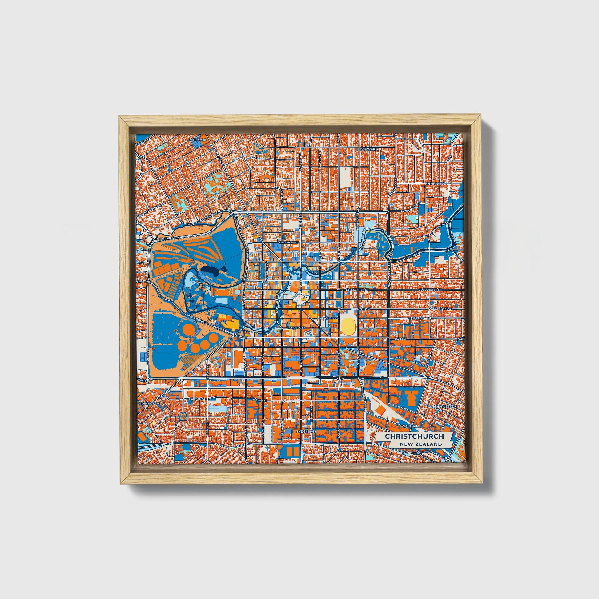 Christchurch New Zealand Colorful City Map Canvas Print • Natural Wooden Framed