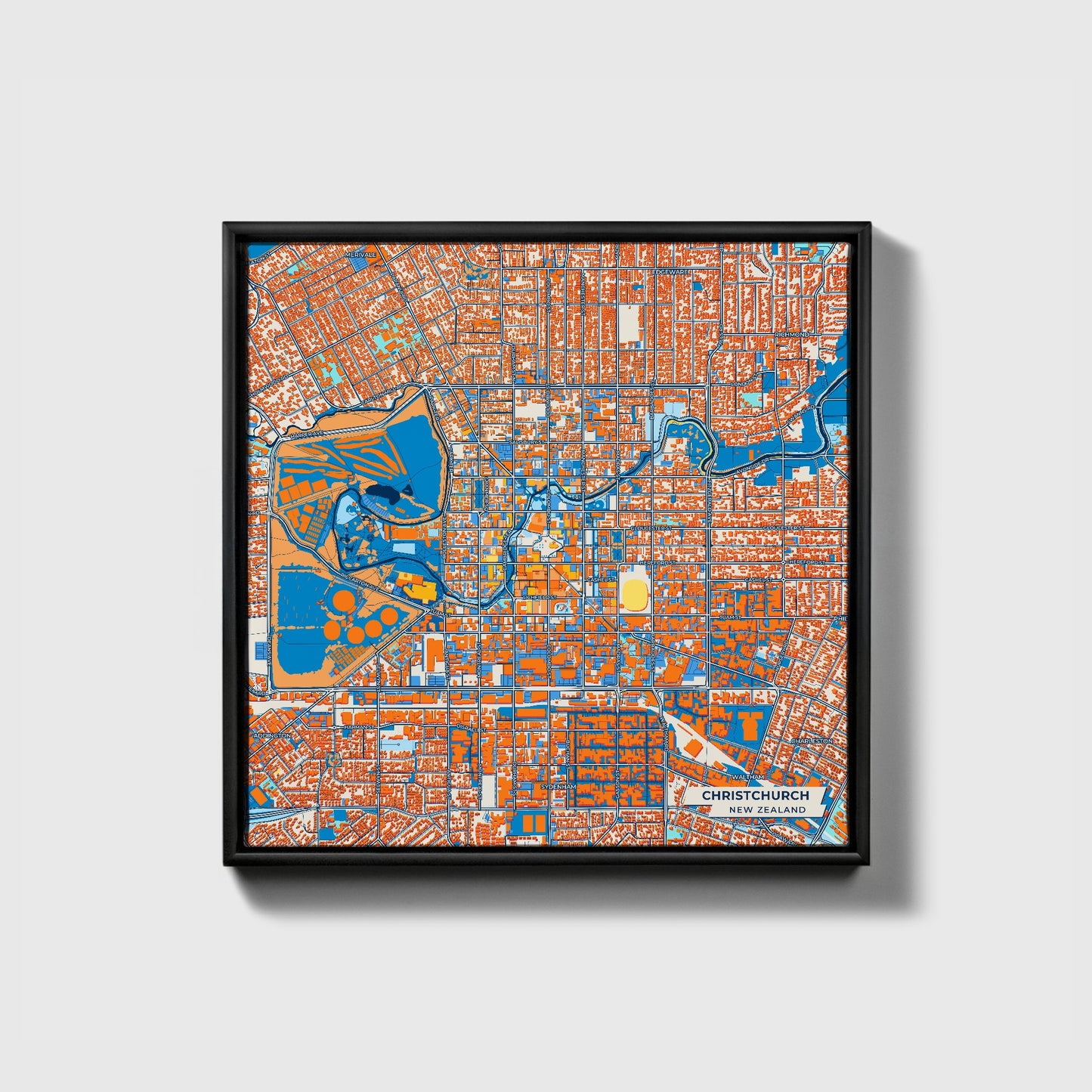 Christchurch New Zealand Colorful City Map Canvas Print • Black Framed