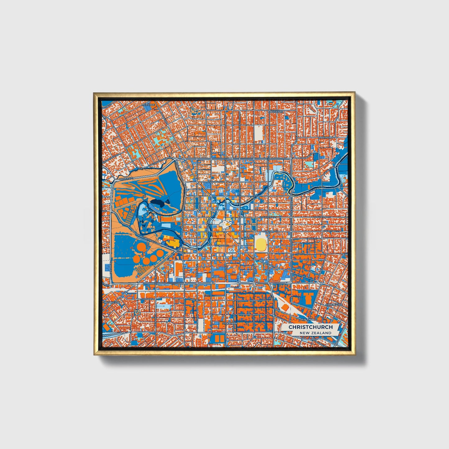 Christchurch New Zealand Colorful City Map Canvas Print • Gold Framed
