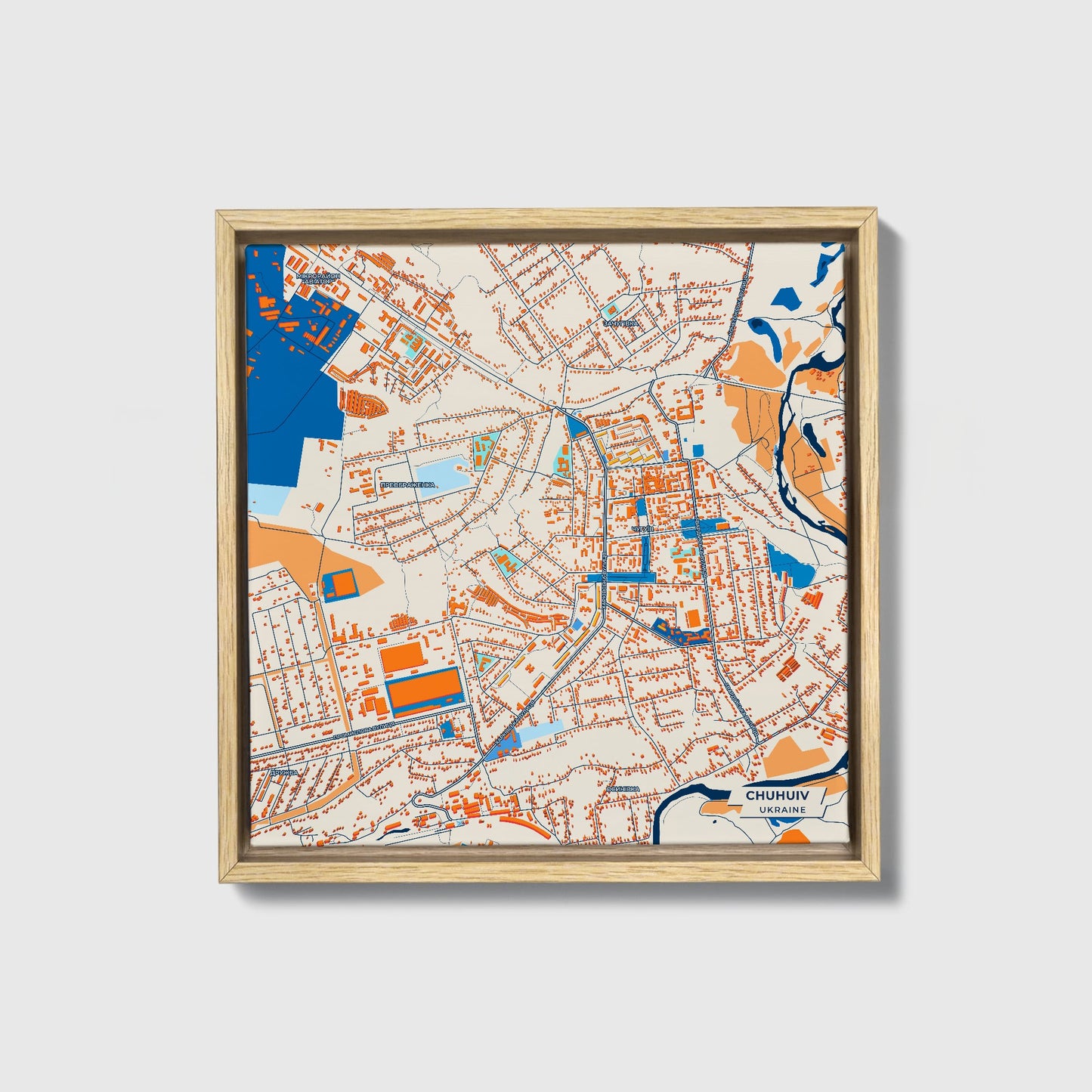 Чухуів Ukraine Colorful City Map Canvas Print • Natural Wooden Framed