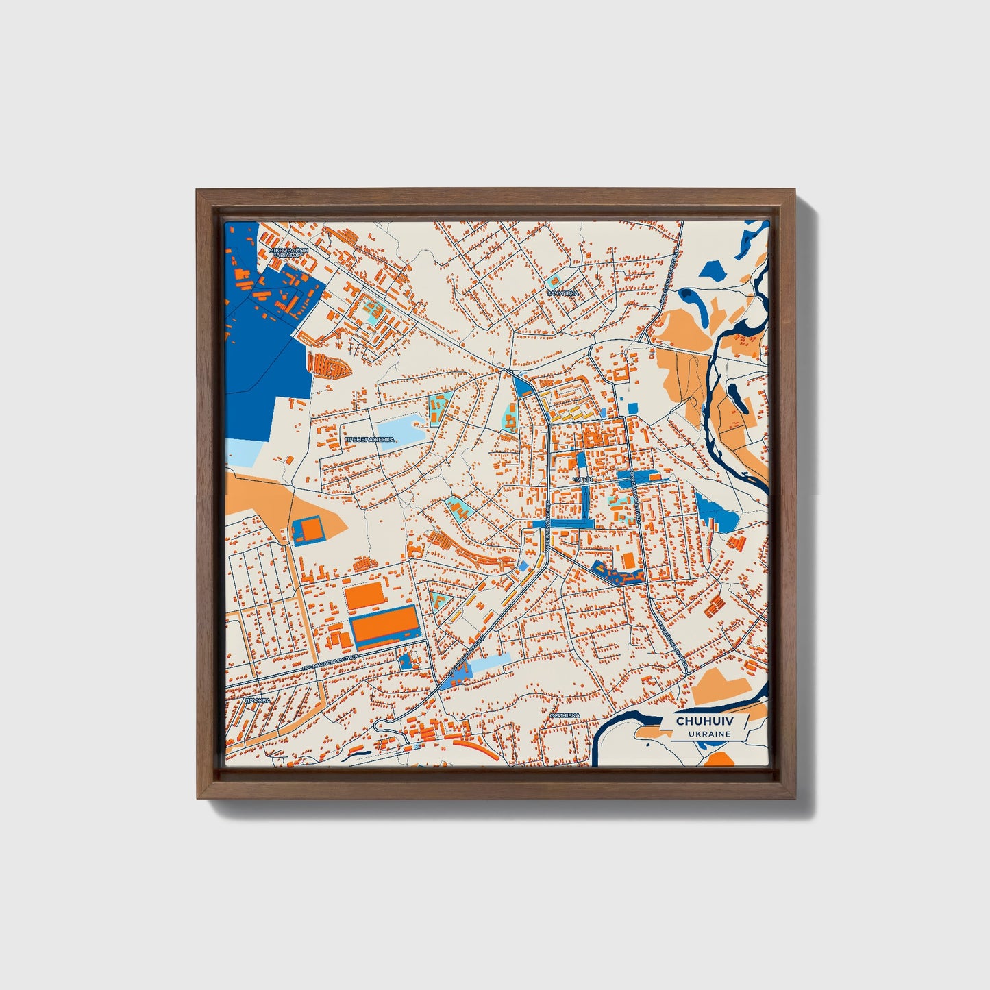 Чухуів Ukraine Colorful City Map Canvas Print • Dark Wooden Framed