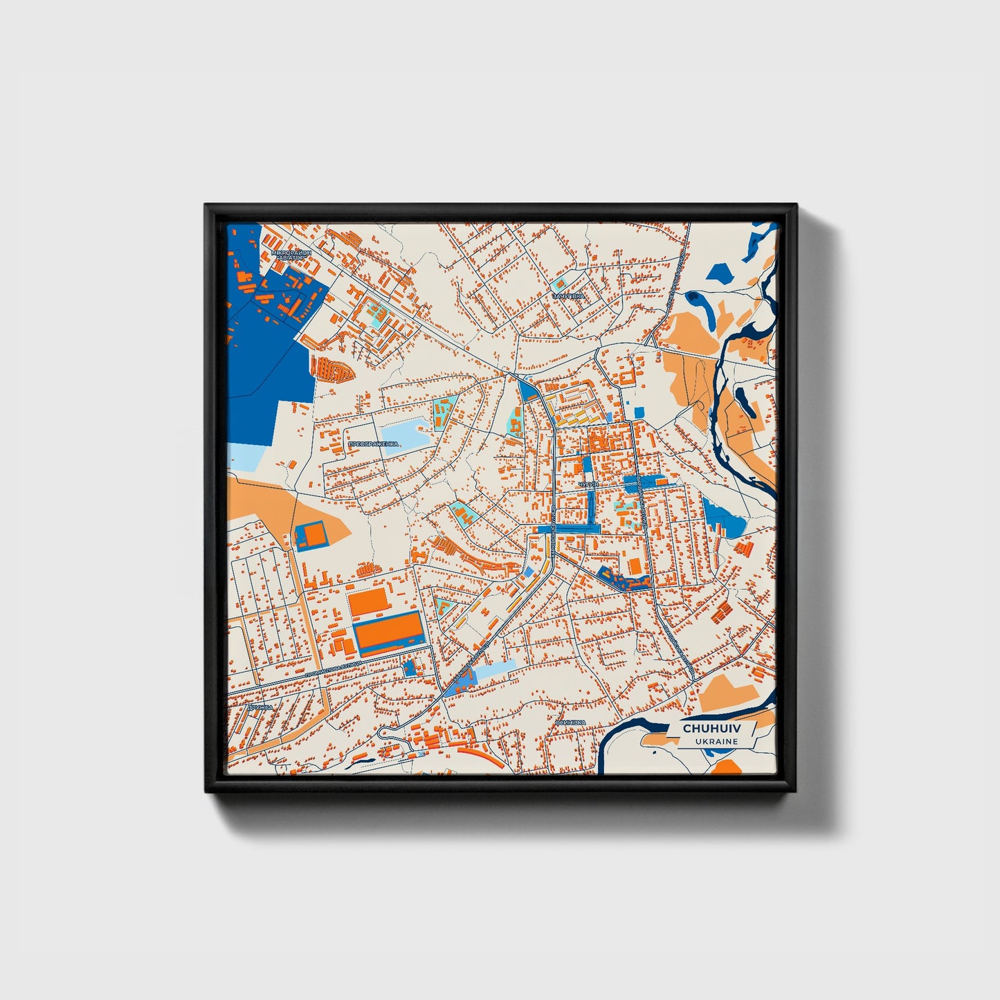 Чухуів Ukraine Colorful City Map Canvas Print • Black Framed