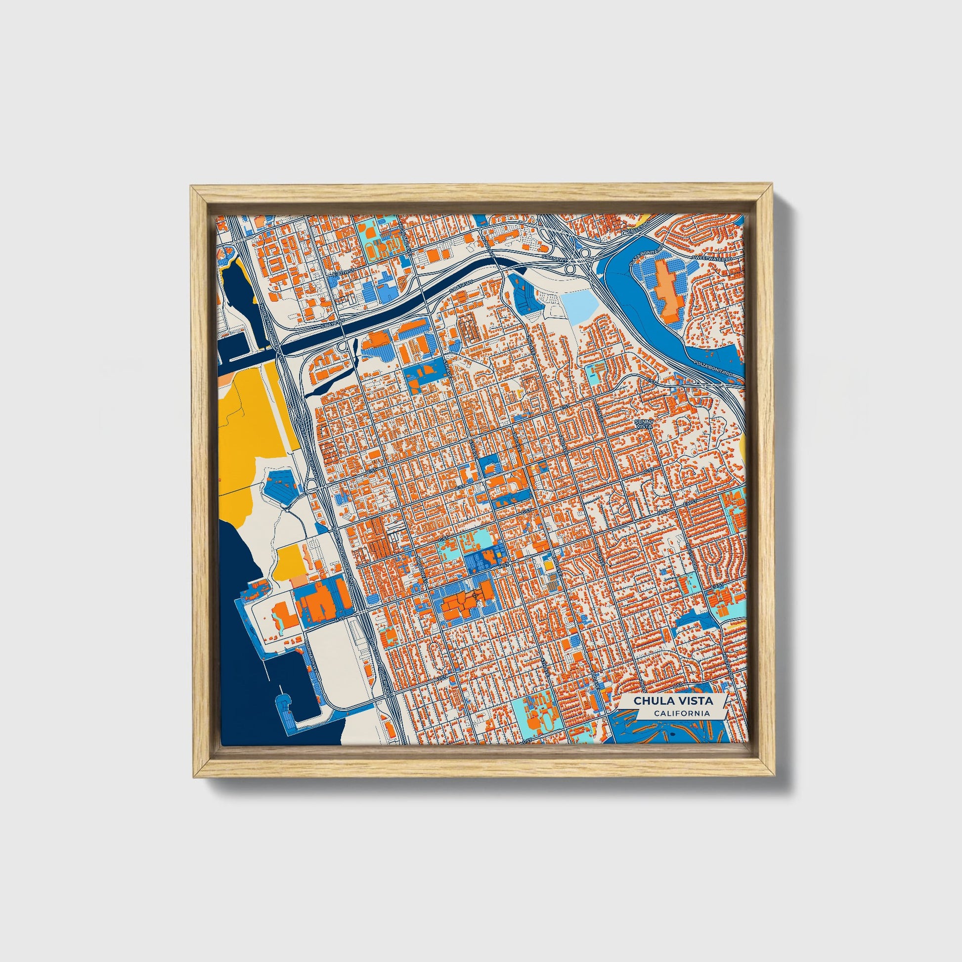 Chula Vista California Colorful City Map Canvas Print • Natural Wooden Framed