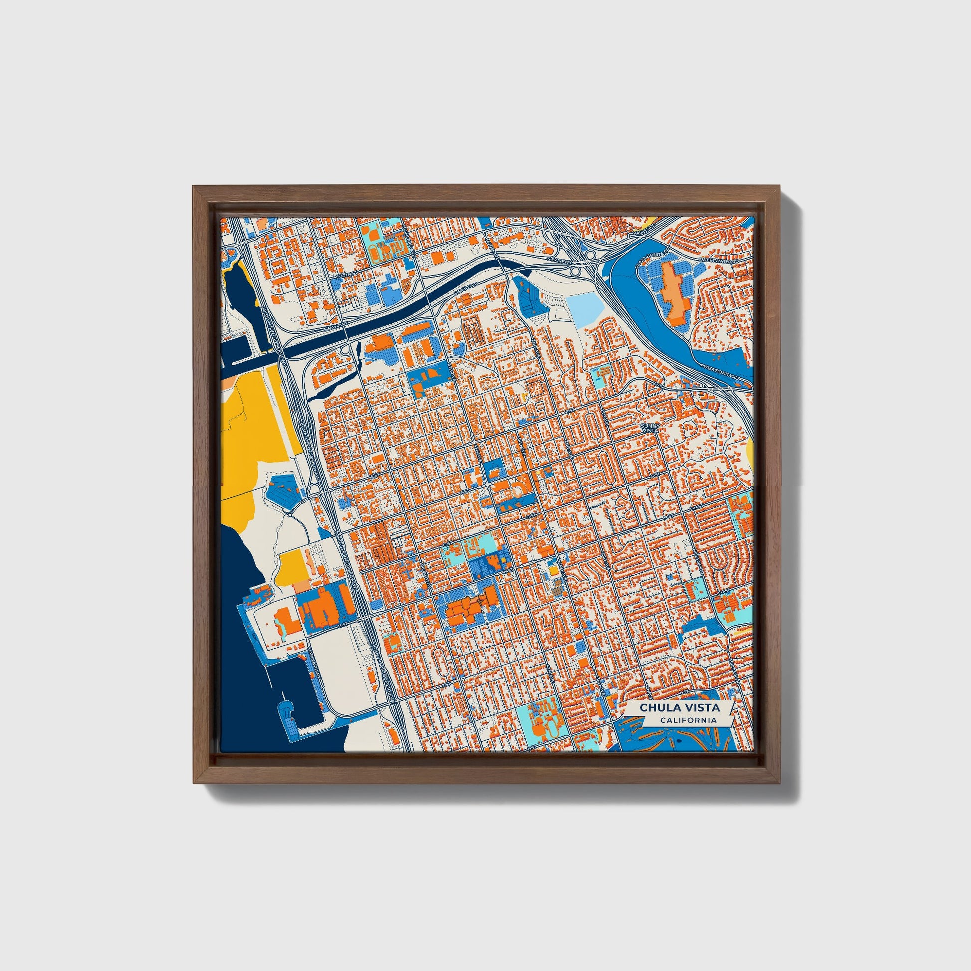 Chula Vista California Colorful City Map Canvas Print • Dark Wooden Framed