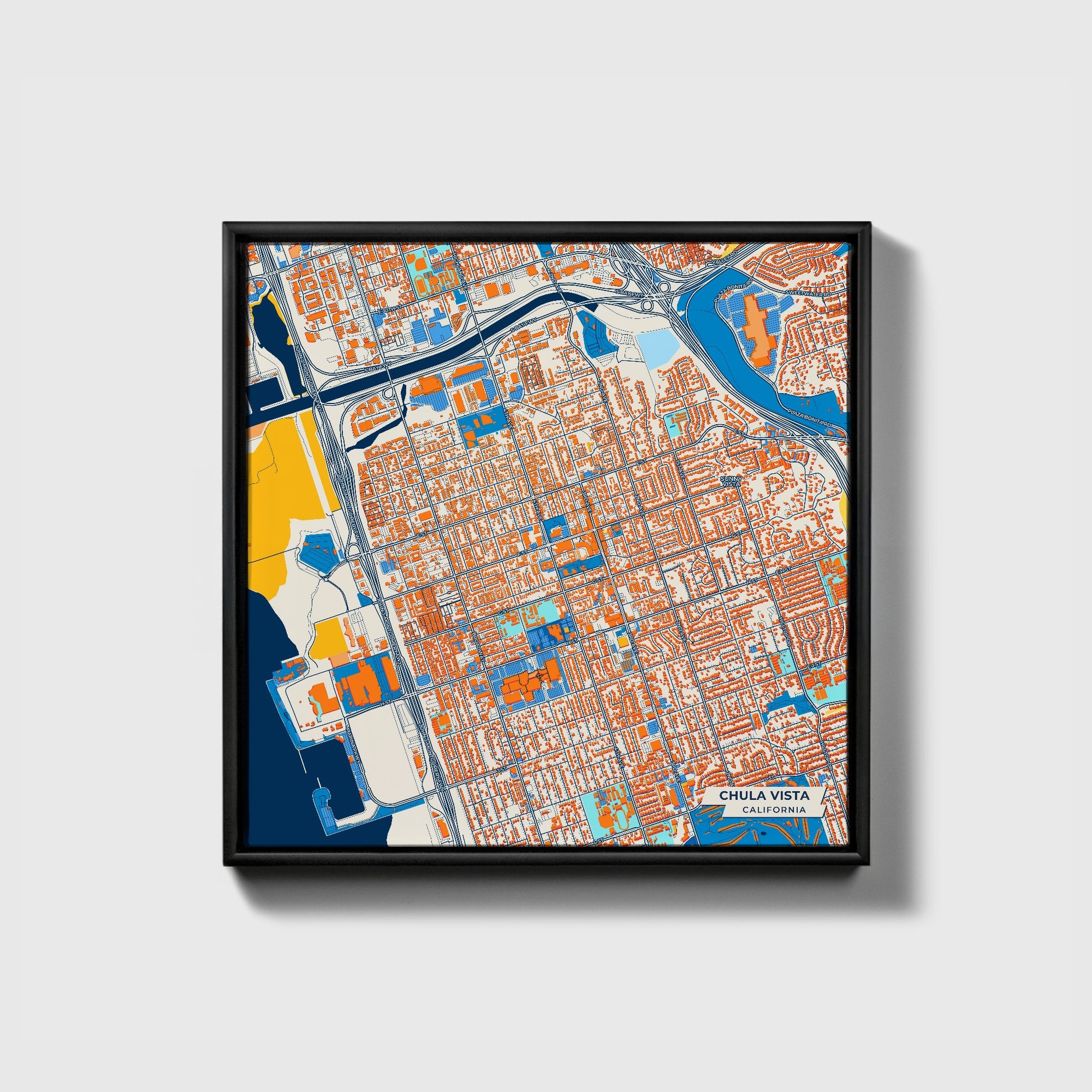 Chula Vista California Colorful City Map Canvas Print • Black Framed