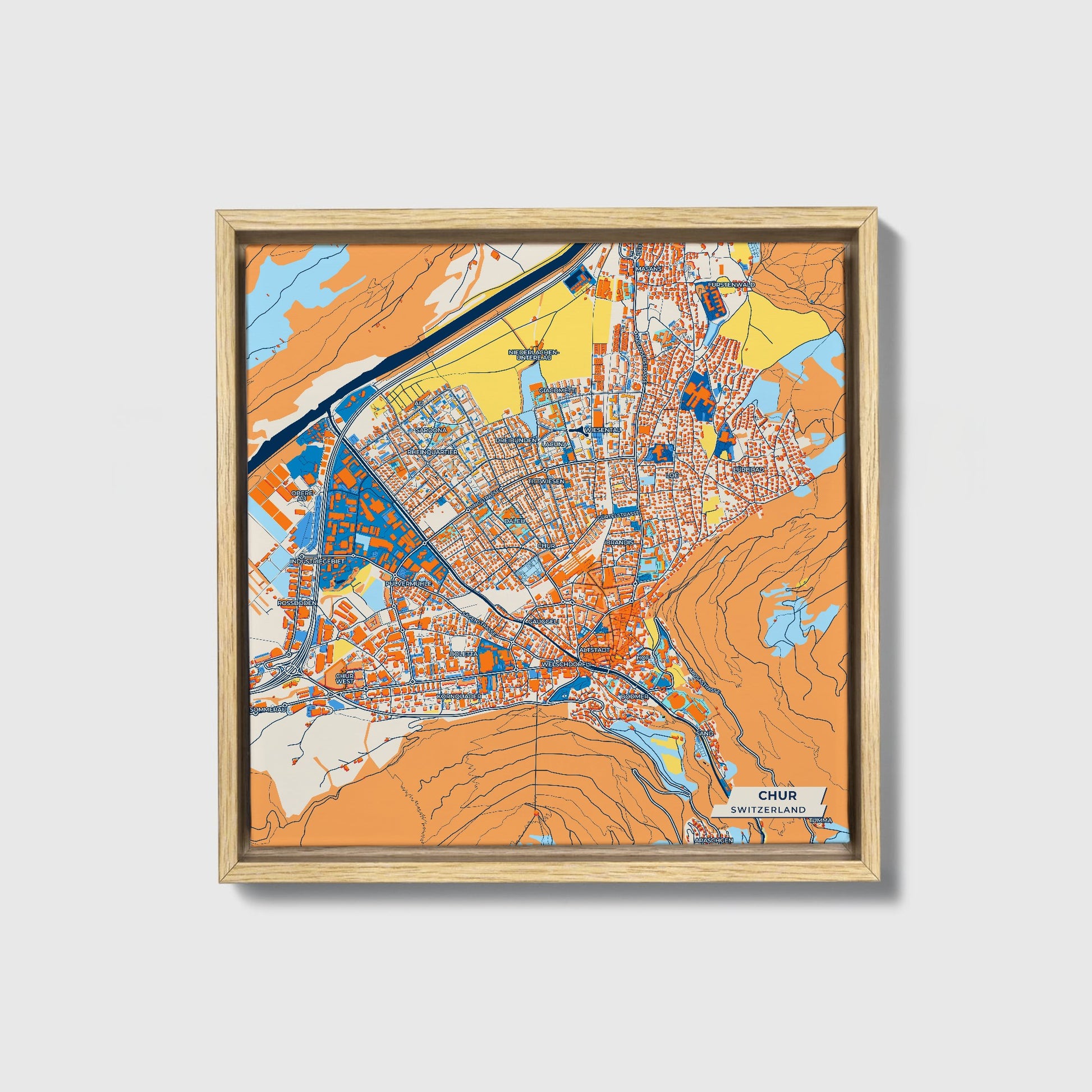 Kur Switzerland Colorful City Map Canvas Print • Natural Wooden Framed