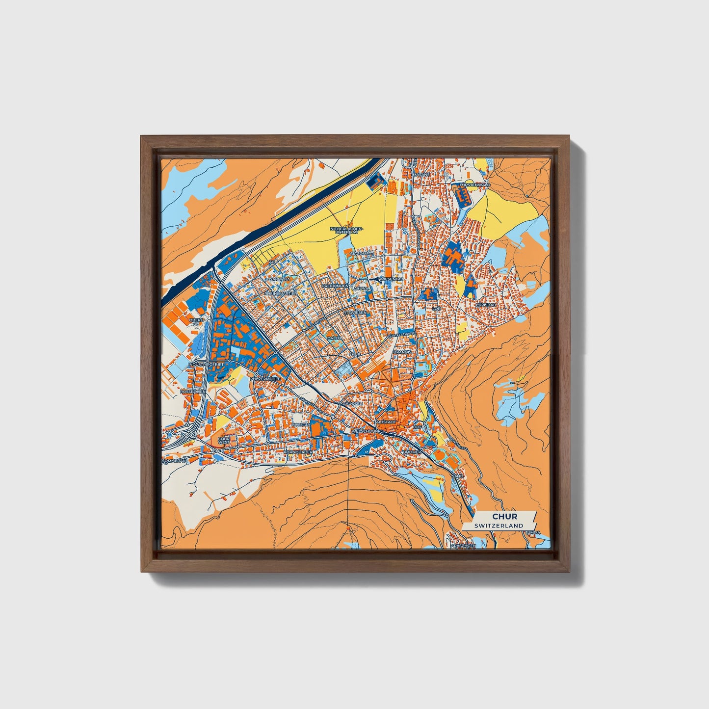 Kur Switzerland Colorful City Map Canvas Print • Dark Wooden Framed