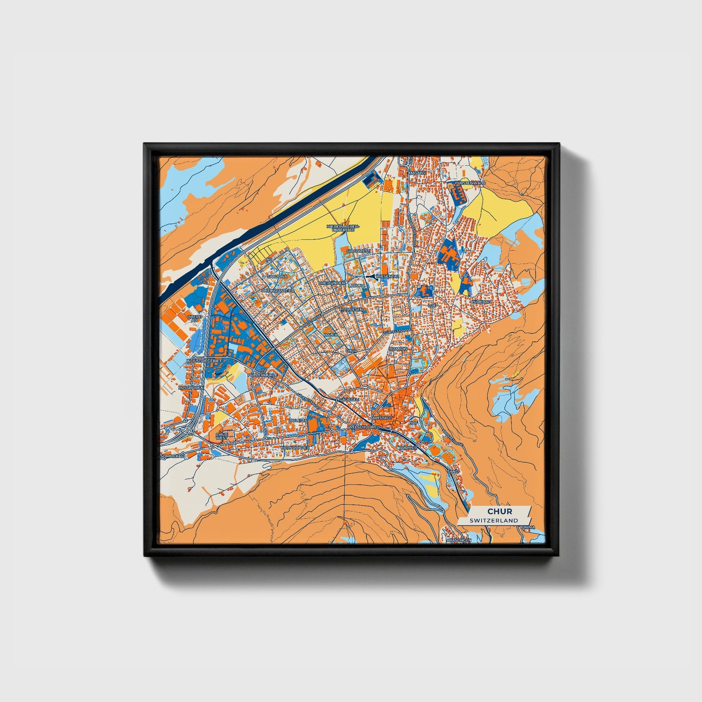 Kur Switzerland Colorful City Map Canvas Print • Black Framed