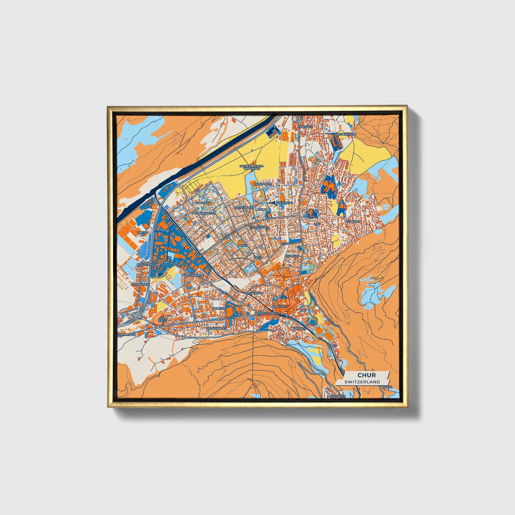 Kur Switzerland Colorful City Map Canvas Print • Gold Framed