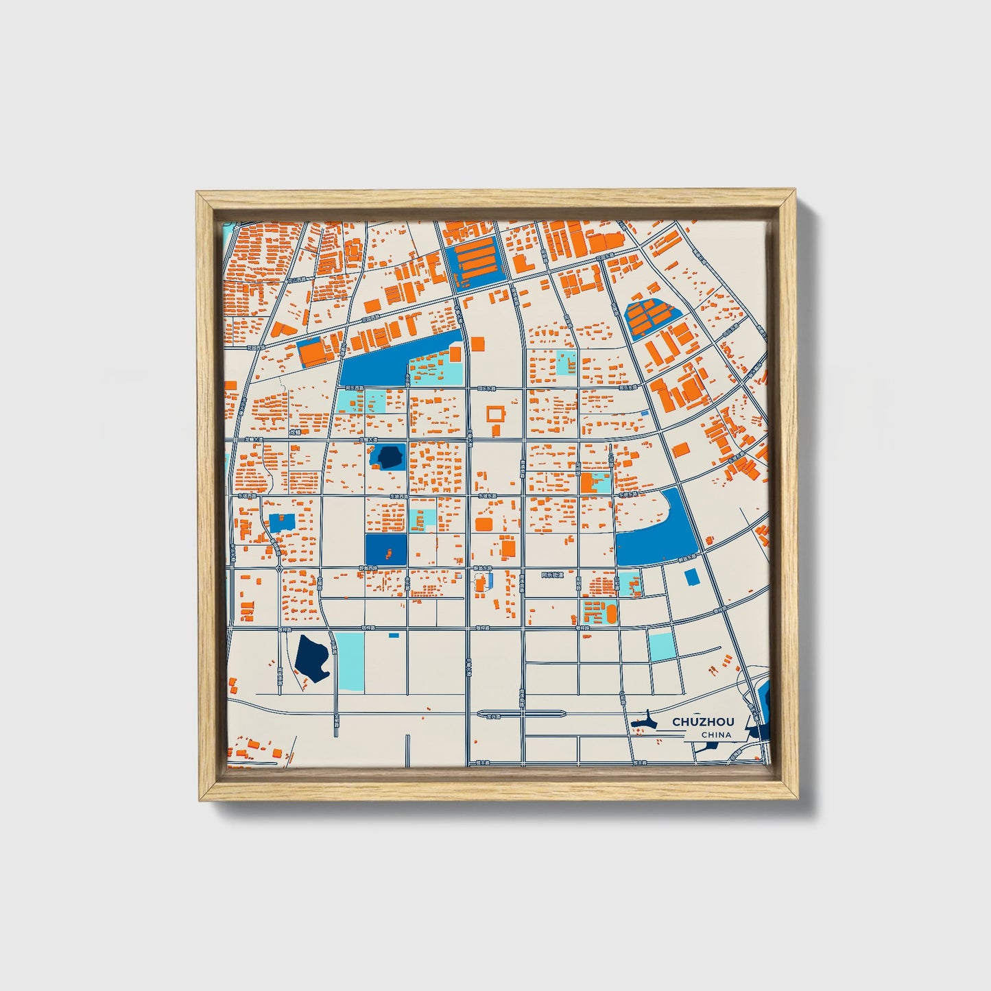 Chuzhou China Colorful City Map Canvas Print • Natural Wooden Framed