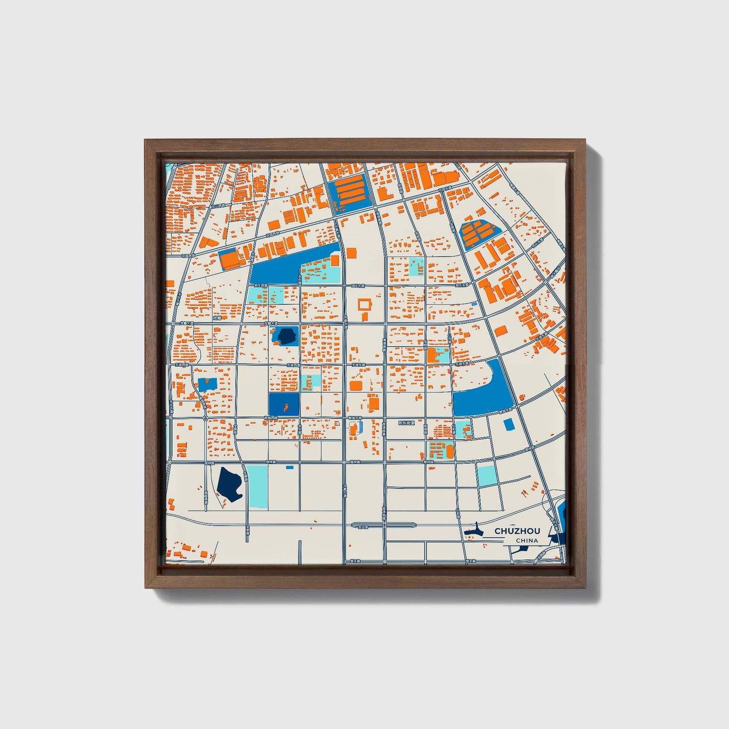 Chuzhou China Colorful City Map Canvas Print • Dark Wooden Framed